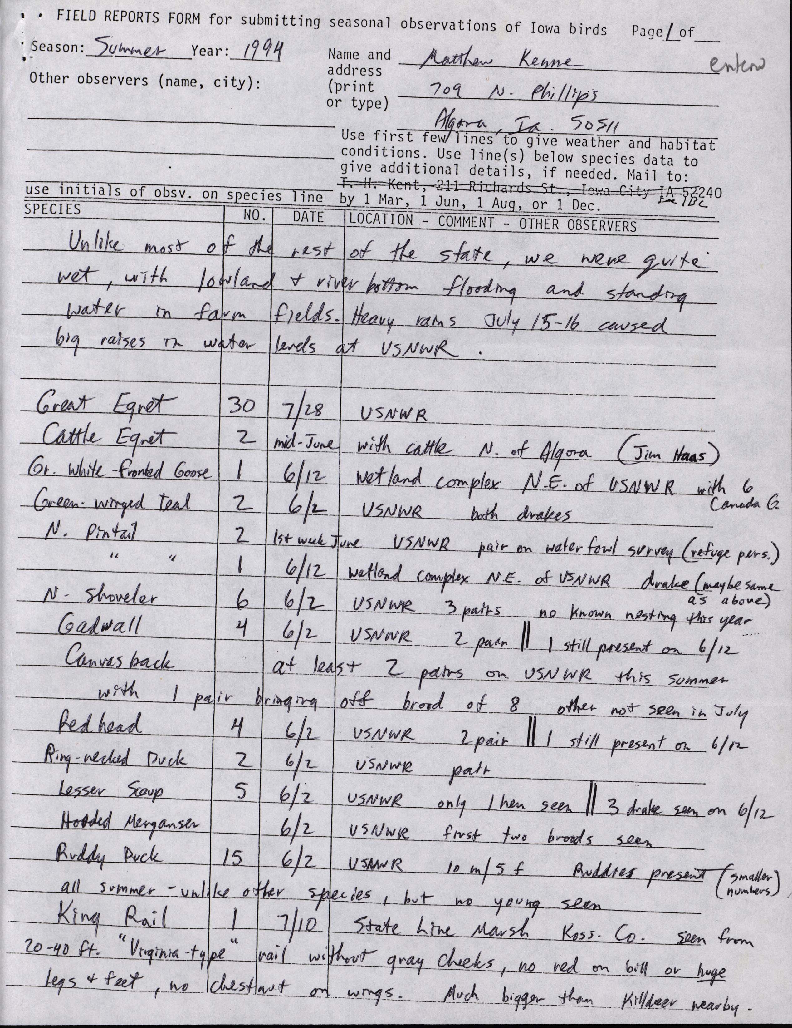 Field reports form for submitting seasonal observations of Iowa birds, Matthew Kenne, Summer 1994