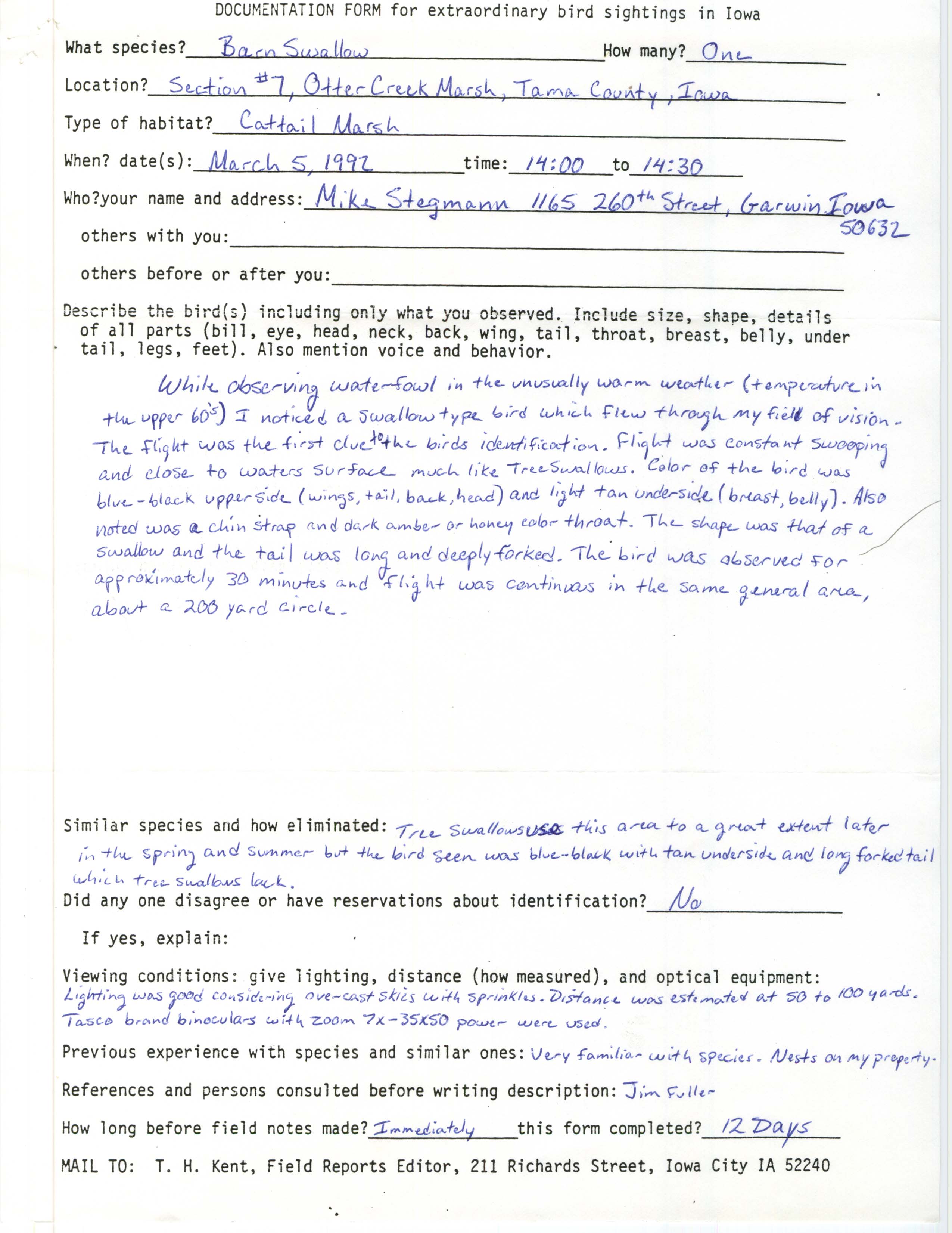 Rare bird documentation form for Barn Swallow at Otter Creek Marsh, 1992