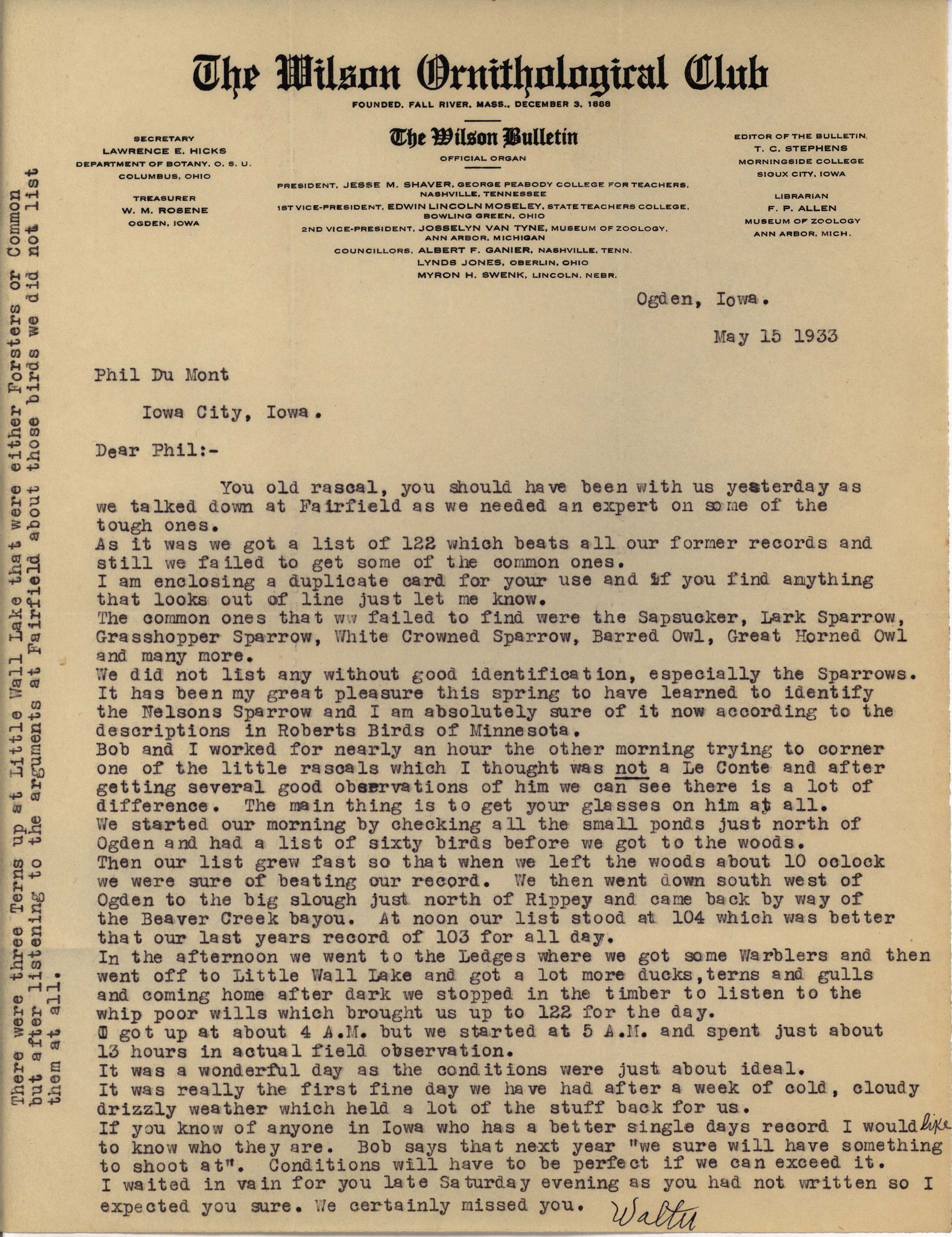 Walter Rosene letter to Philip DuMont regarding a single day record for bird sightings, May 15, 1933