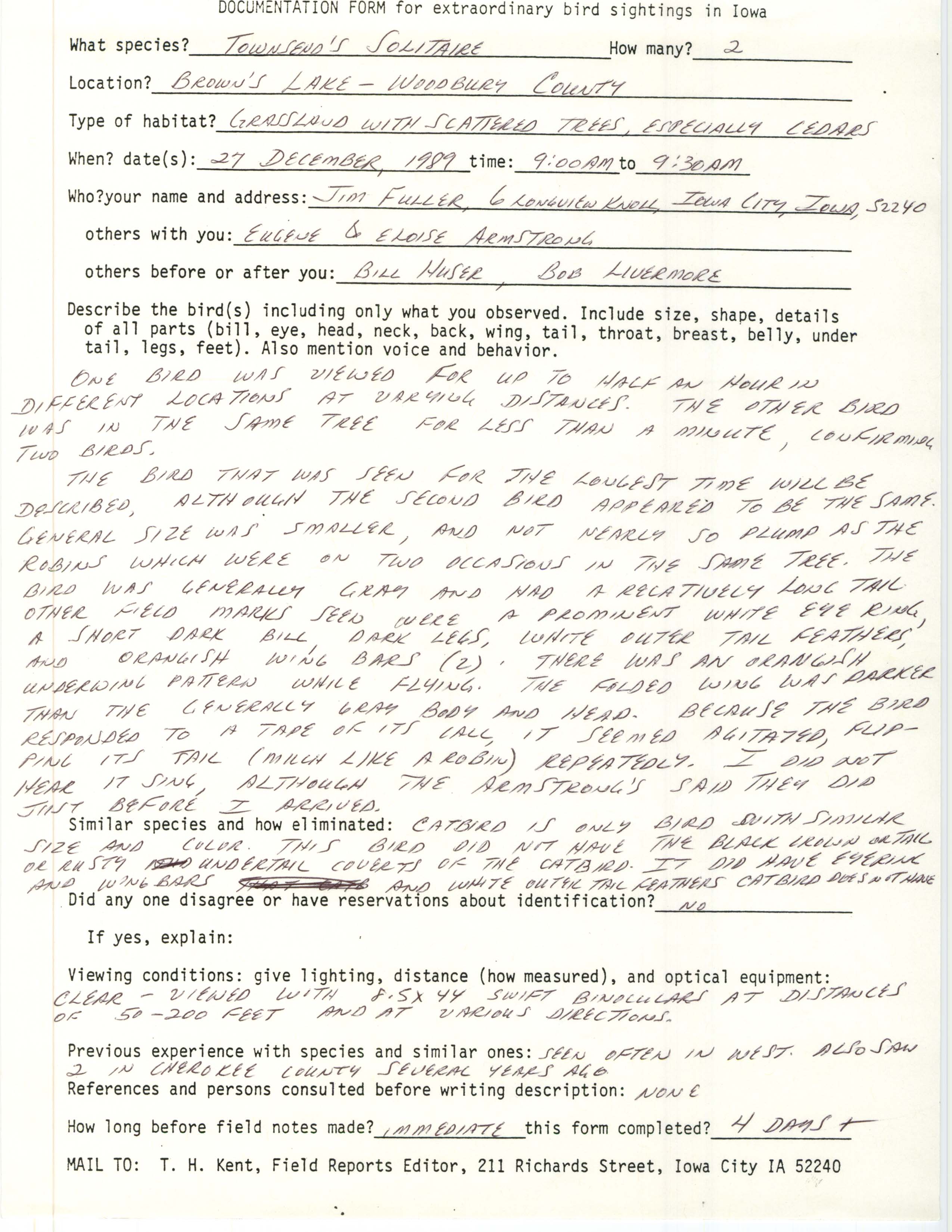Rare bird documentation form for Townsend's Solitaire at Browns Lake, 1989