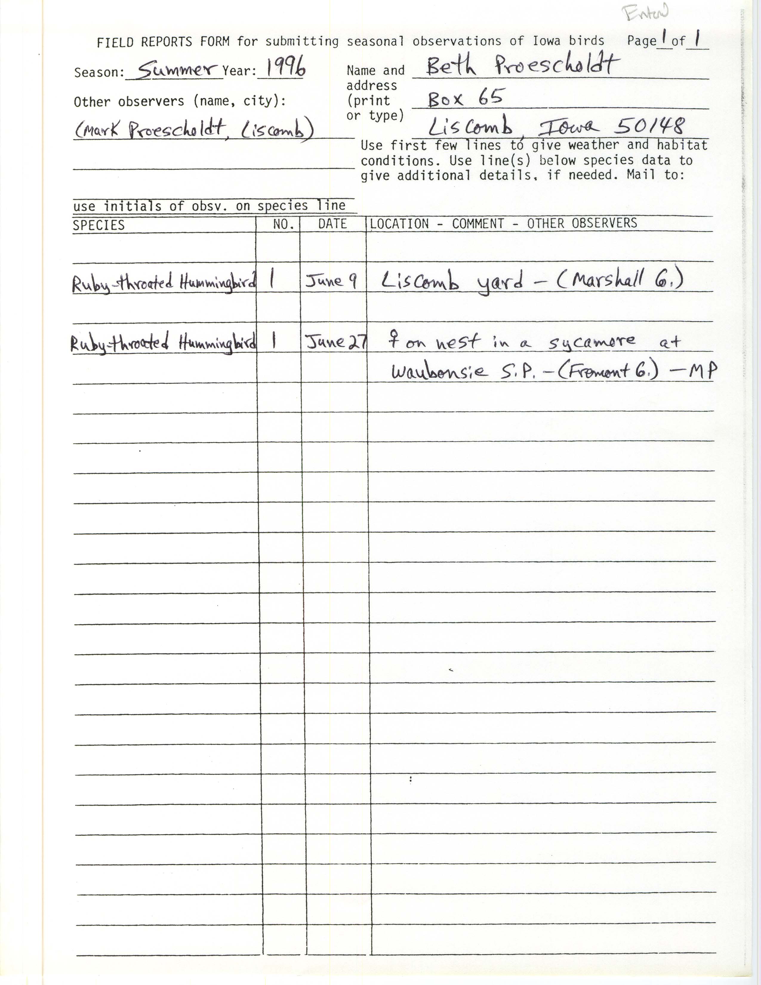 Field reports form for submitting seasonal observations of Iowa birds, Beth Proescholdt, summer 1996