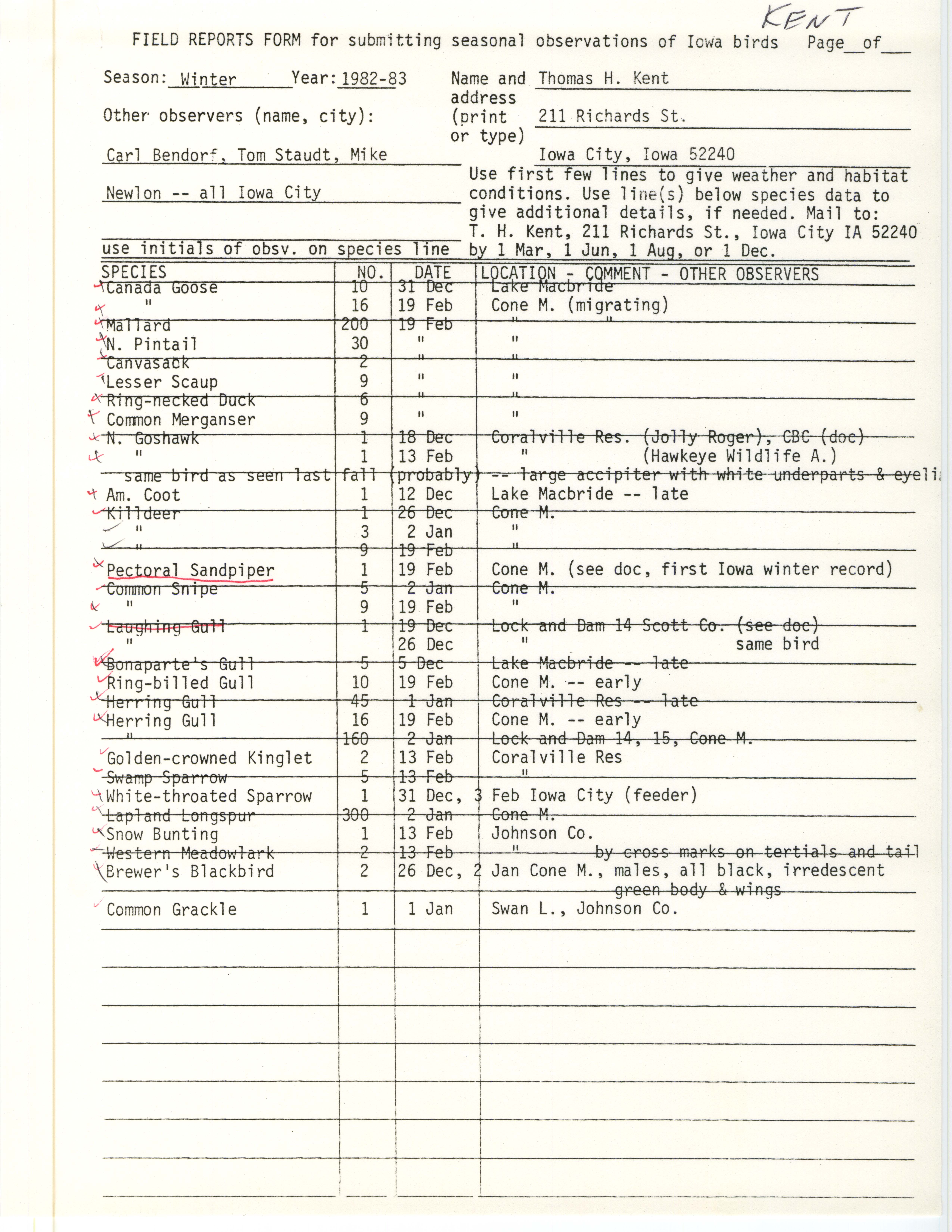 Field reports form for submitting seasonal observations of Iowa birds, Thomas H. Kent, winter 1982-1983