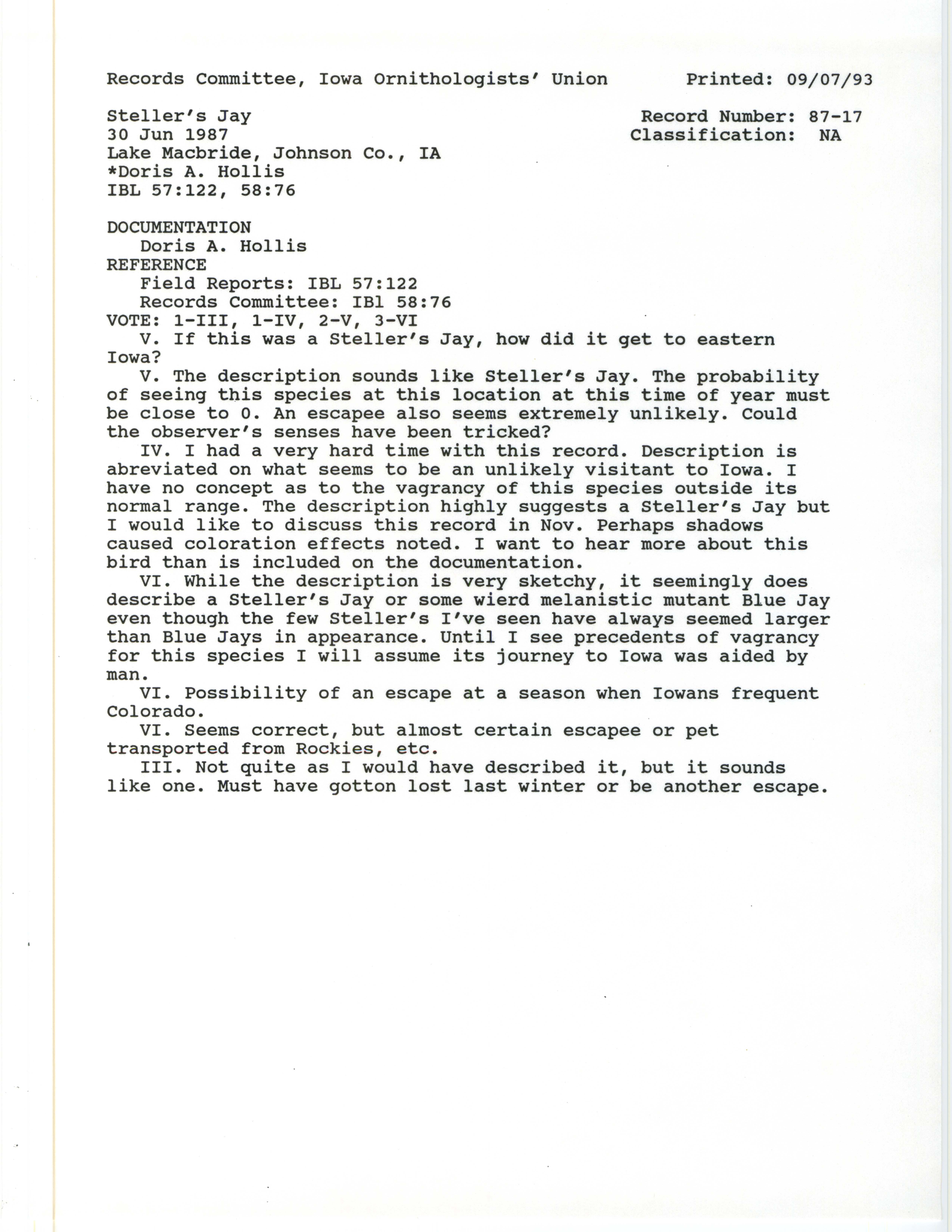 Records Committee review for rare bird sighting for Steller's Jay at Lake MacBride, 1987