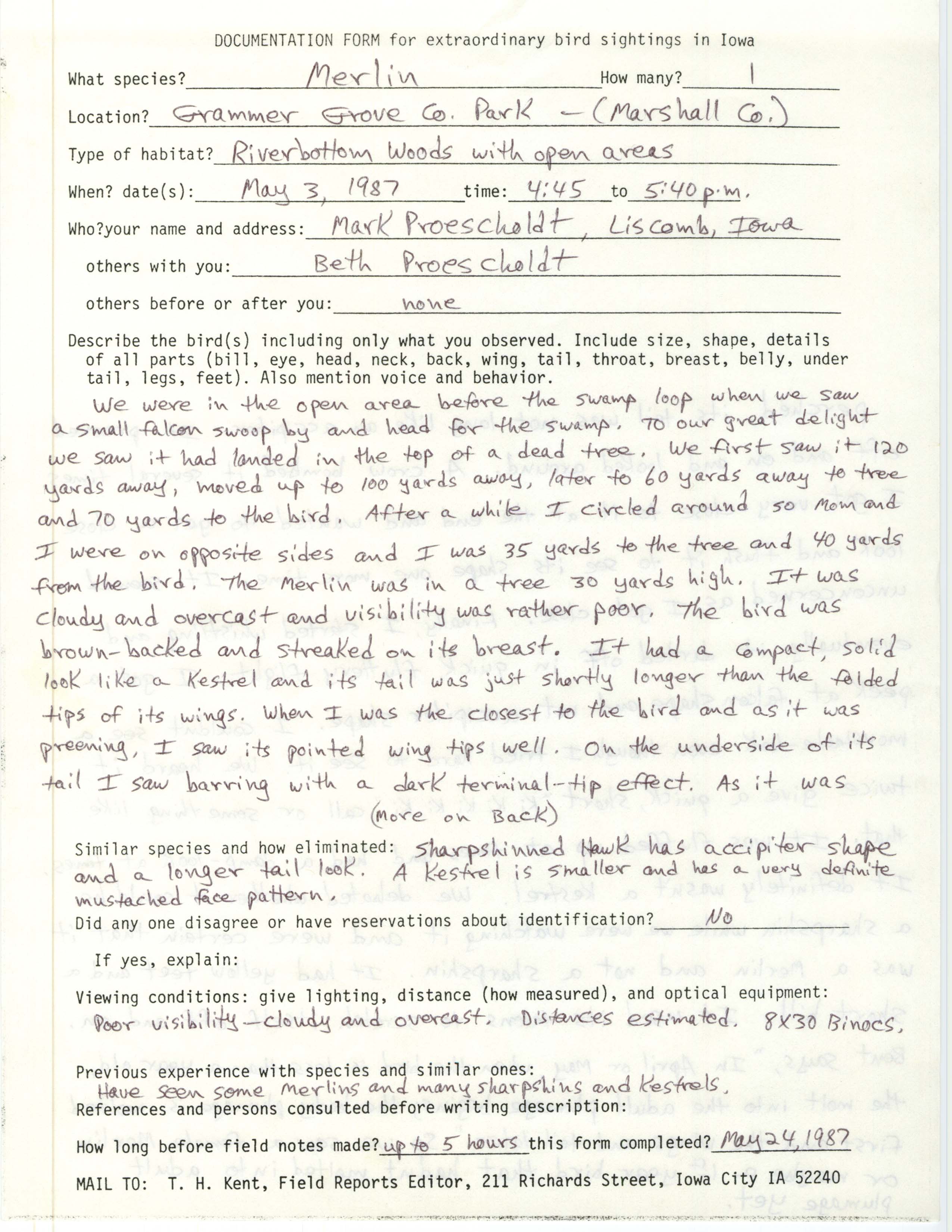Rare bird documentation form for Merlin at Grammer Grove Wildlife Area, 1987