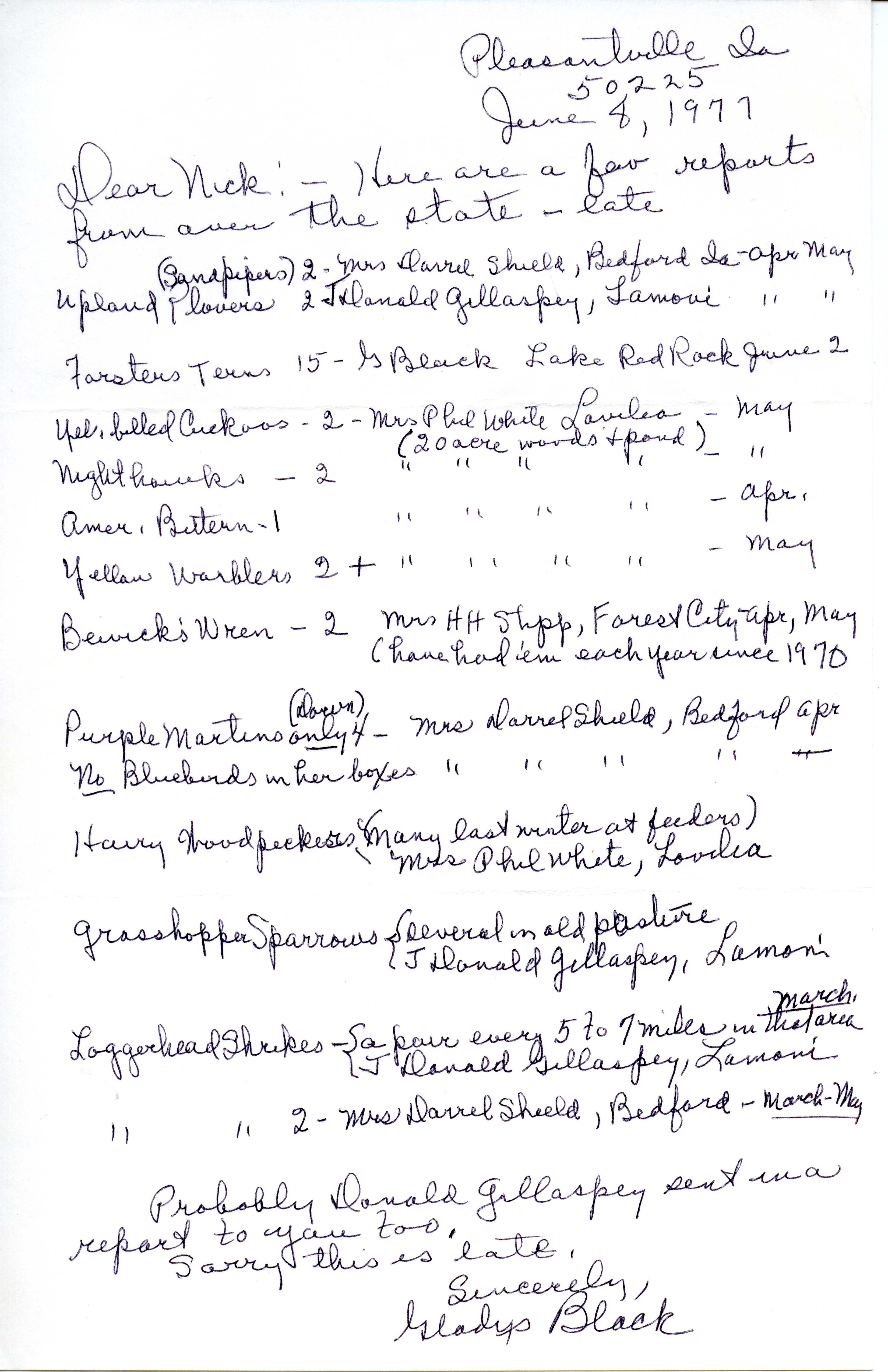 Gladys Black letter to Nicholas S. Halmi regarding bird sighting reports, June 8, 1977