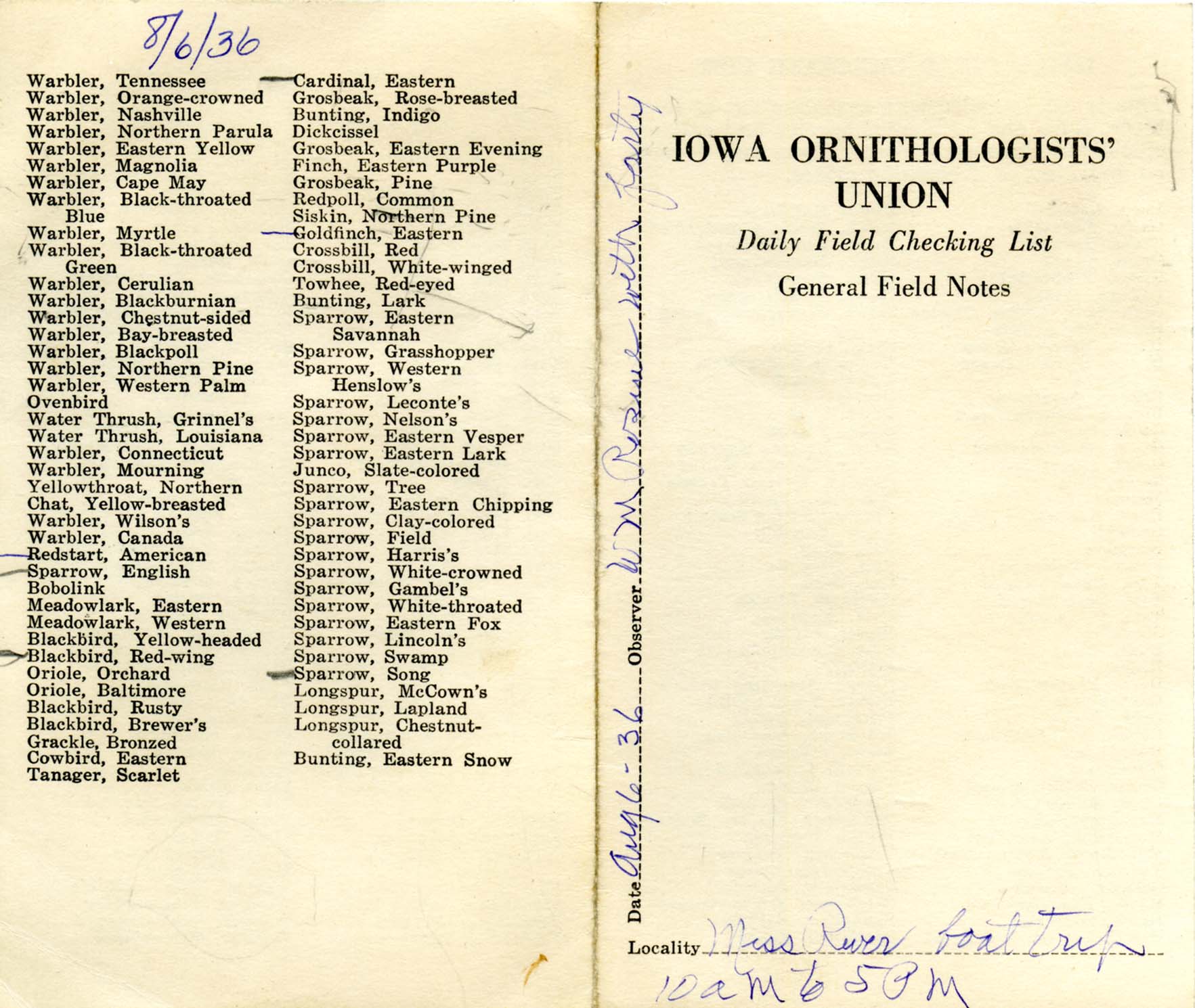 Daily field checking list, Walter Rosene, August 6, 1936
