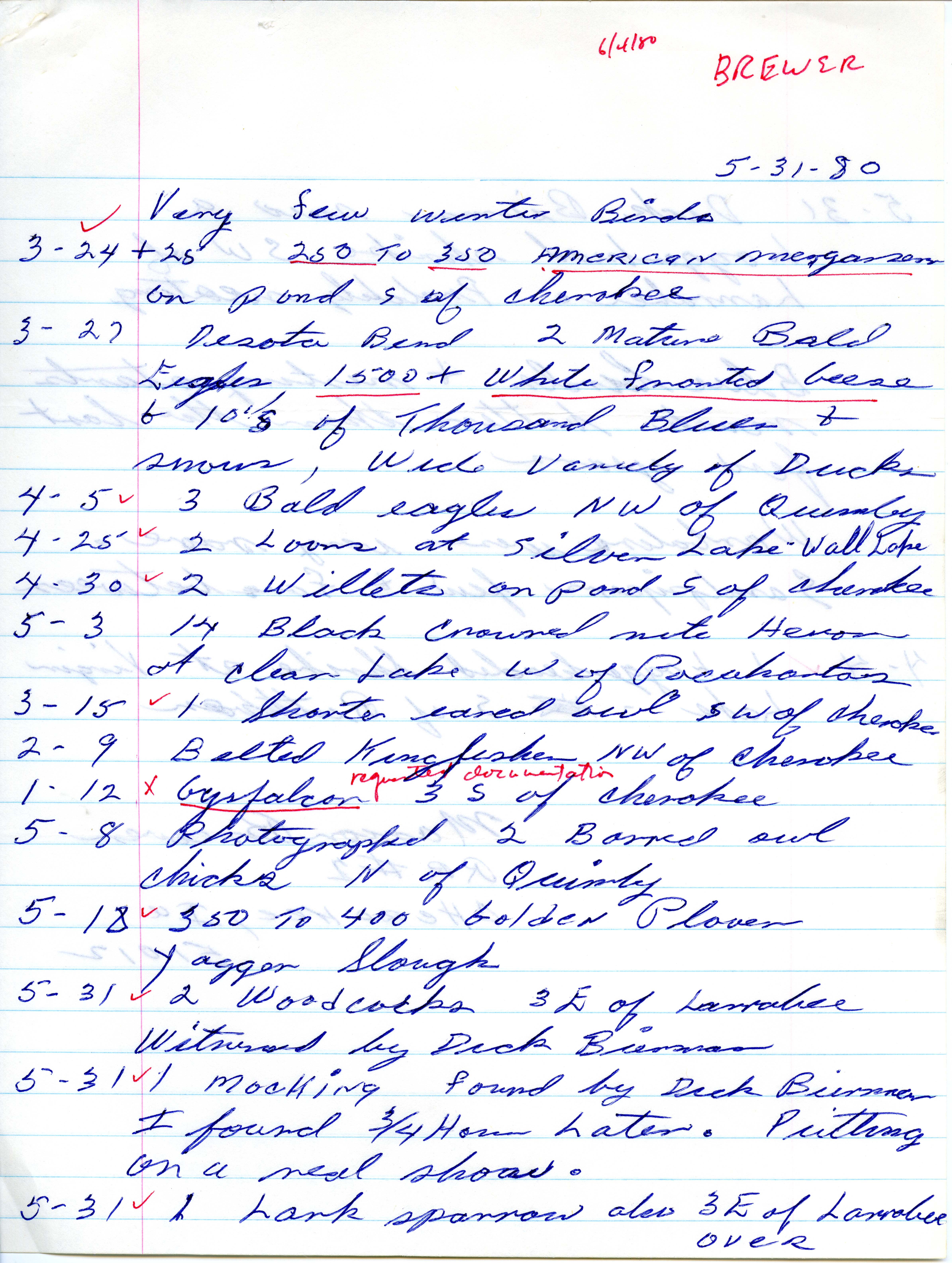 Field notes contributed by Marion M. Brewer, May 31, 1980.