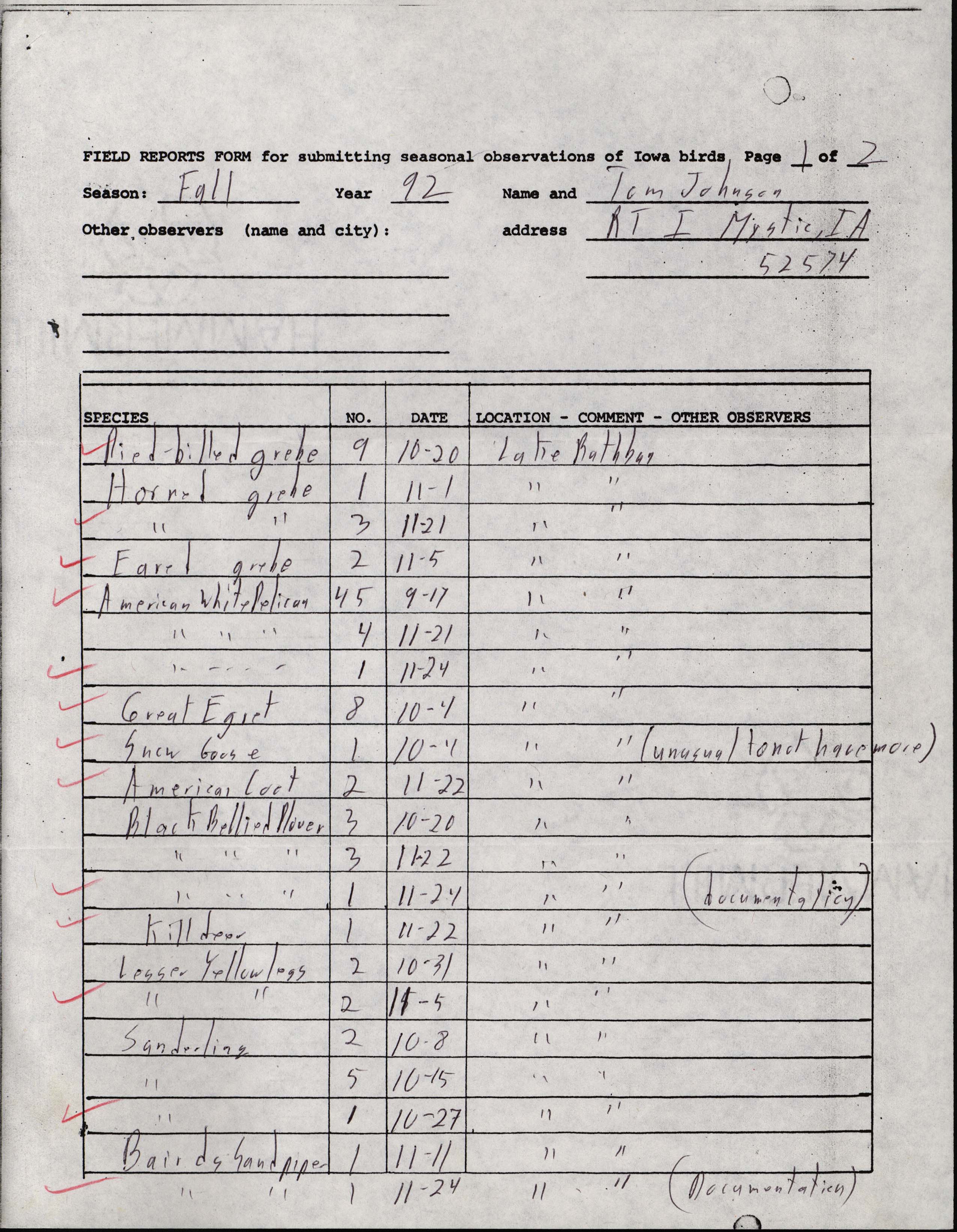 Field reports form for submitting seasonal observations of Iowa birds, Tom Johnson, fall 1992