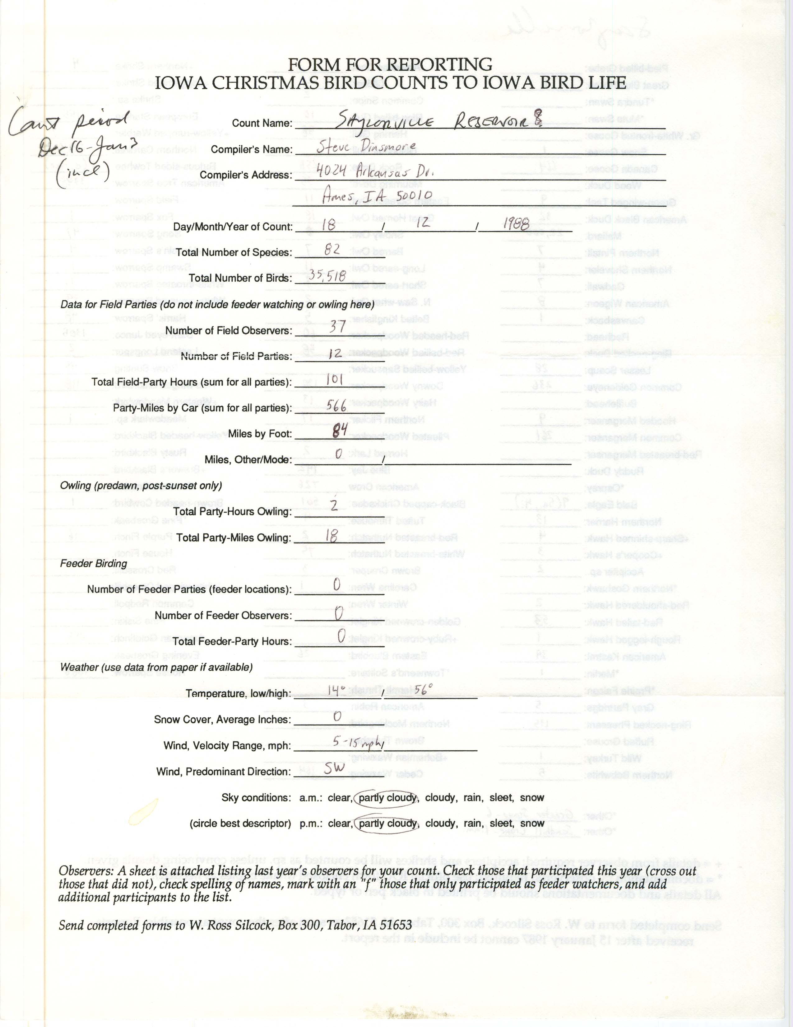 Form for reporting Iowa Christmas bird counts to Iowa Bird Life, Stephen J. Dinsmore, December 18, 1988
