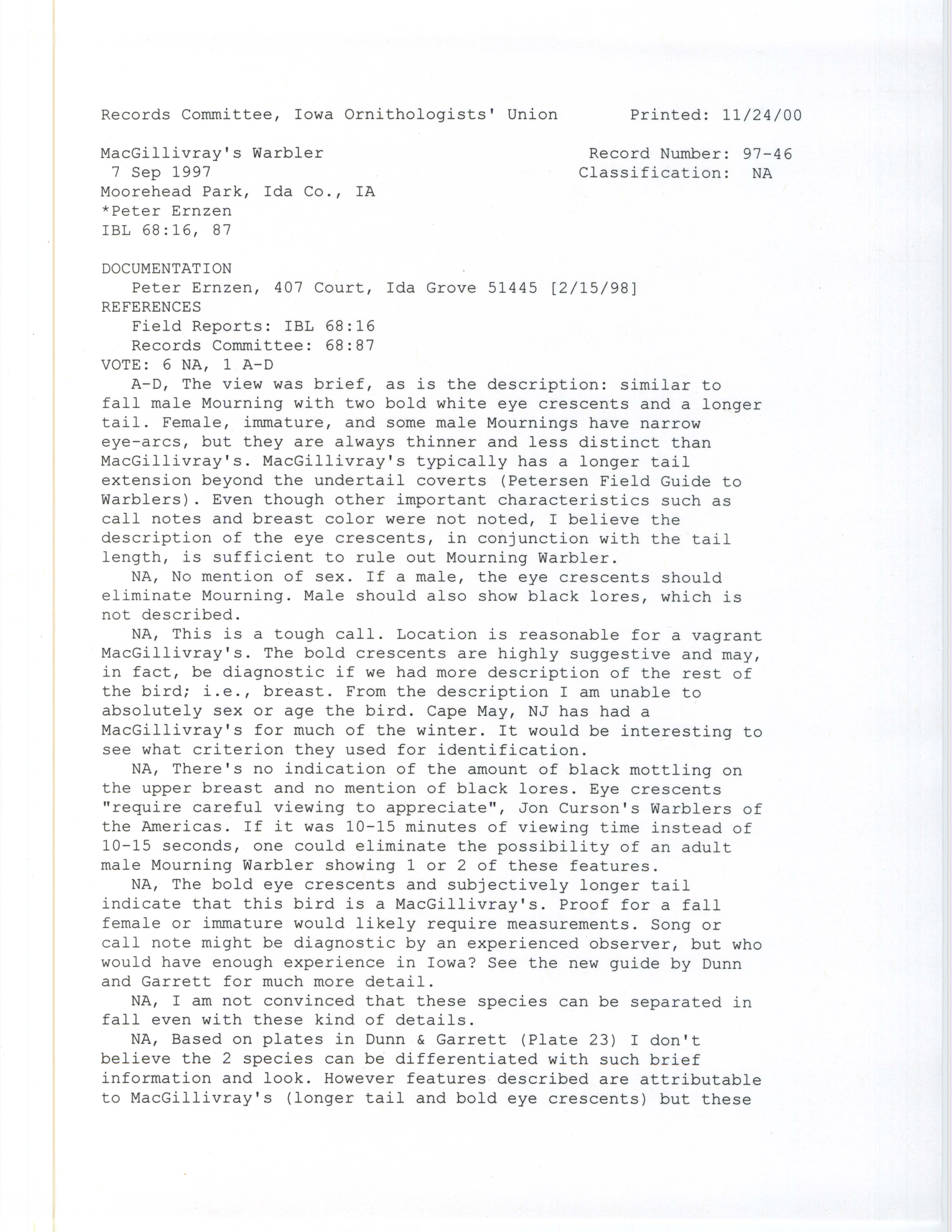 Records Committee review for rare bird sighting for MacGillivray's Warbler at Moorehead Park, 1997