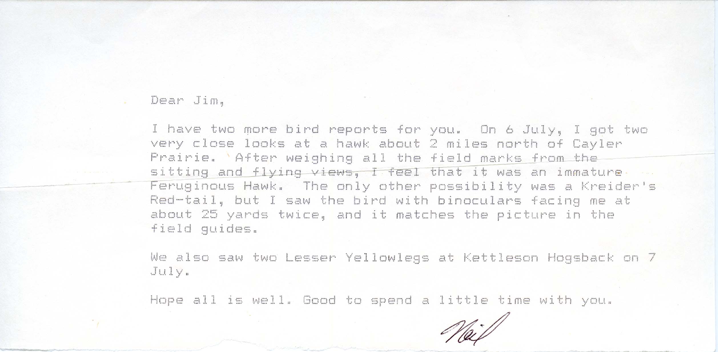 Neil Bernstein letter to James J. Dinsmore regarding summer bird sightings, summer 1989 