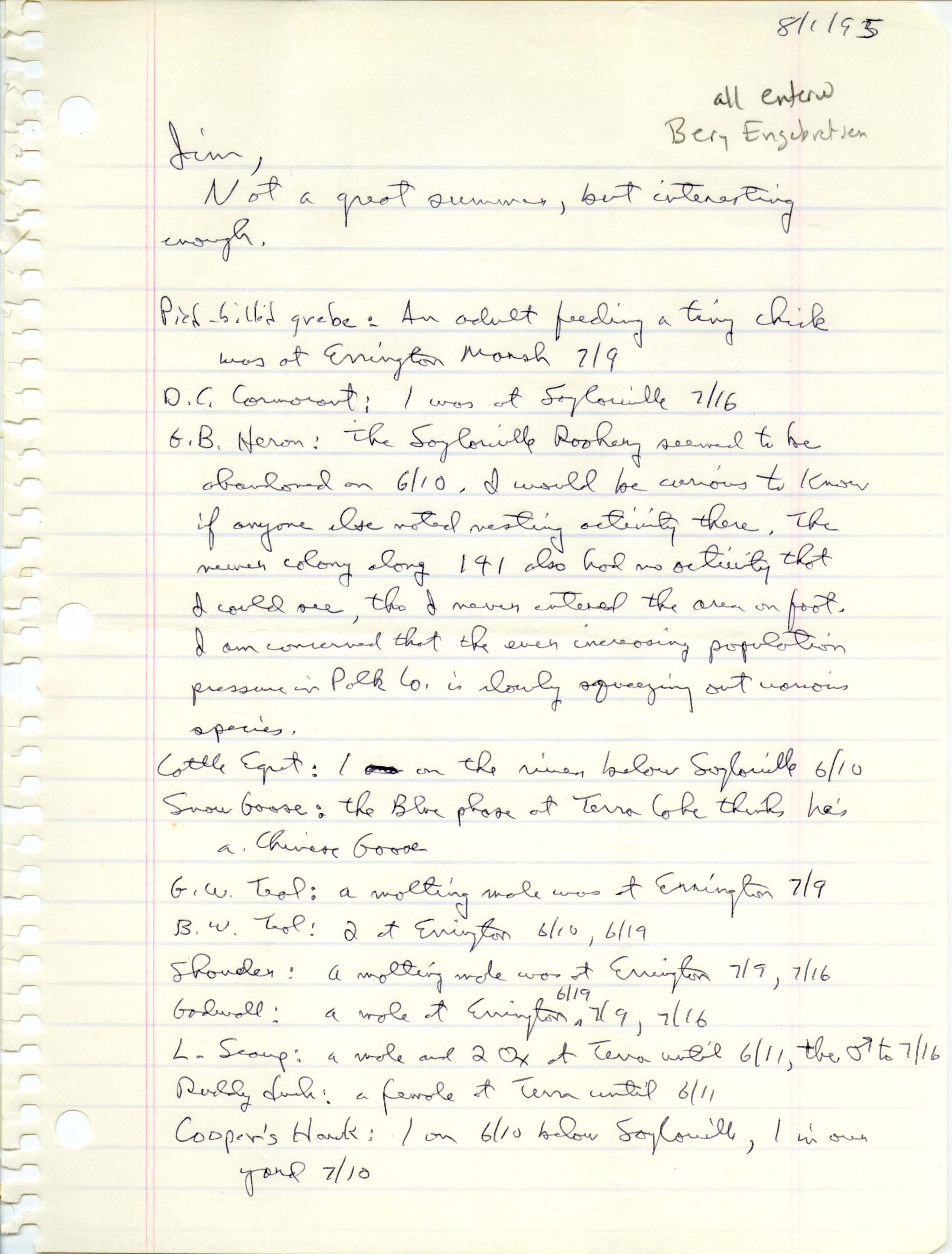 Bery Engebretsen letter to Jim Dinsmore regarding summer bird sightings, August 1, 1995