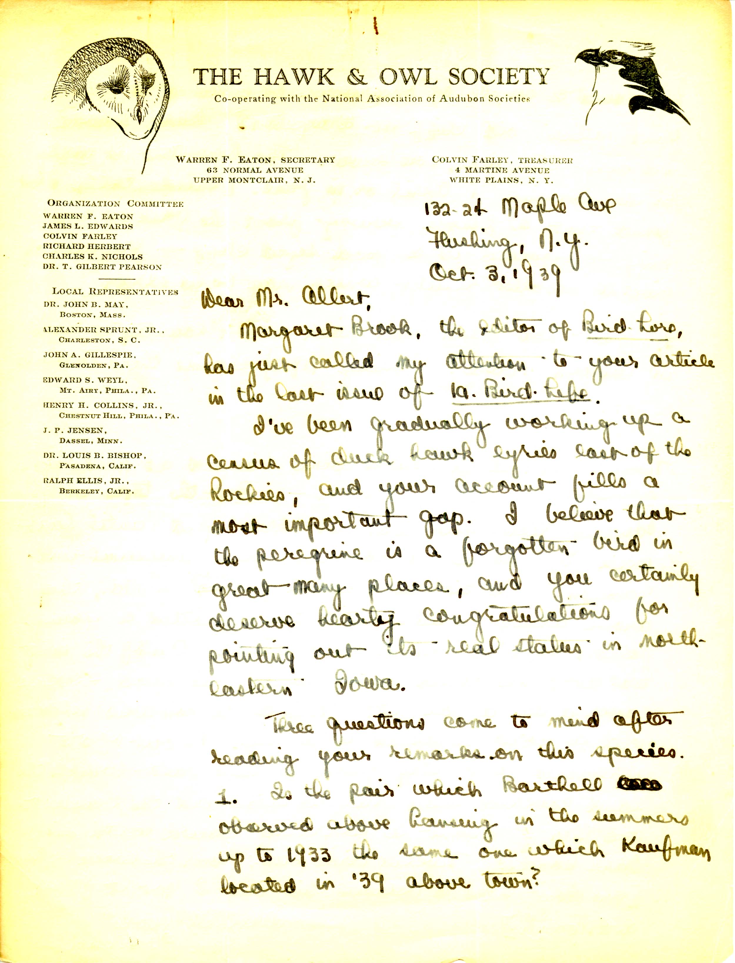Joseph Hickey letter to Oscar Allert regarding Peregrine Falcon sightings, October 3, 1939