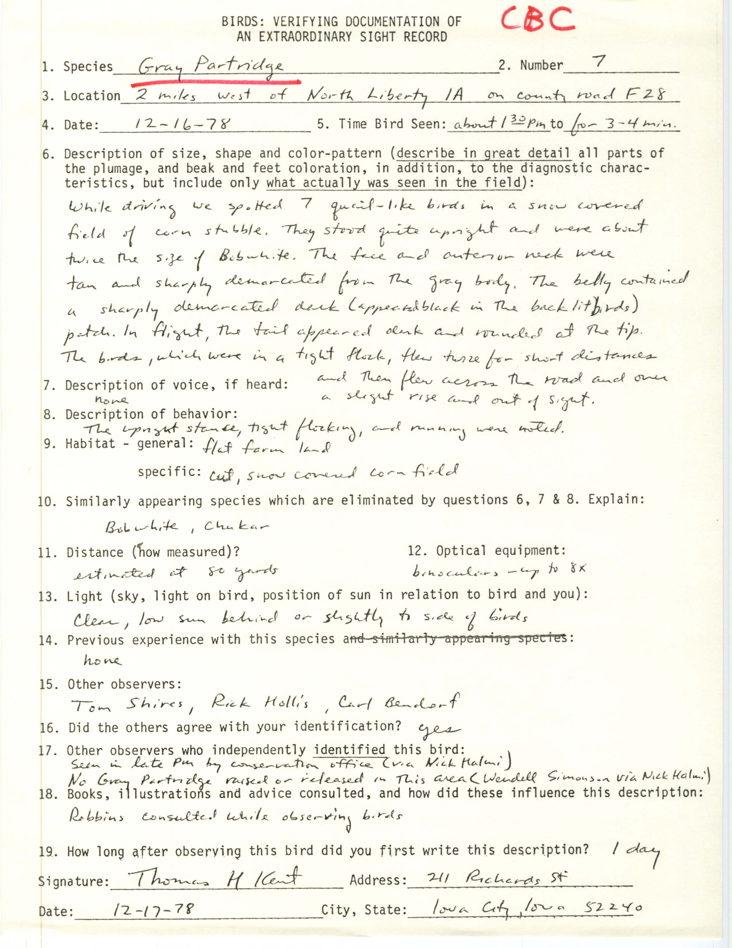 Rare bird documentation form for Gray Partridge west of North Liberty, 1978