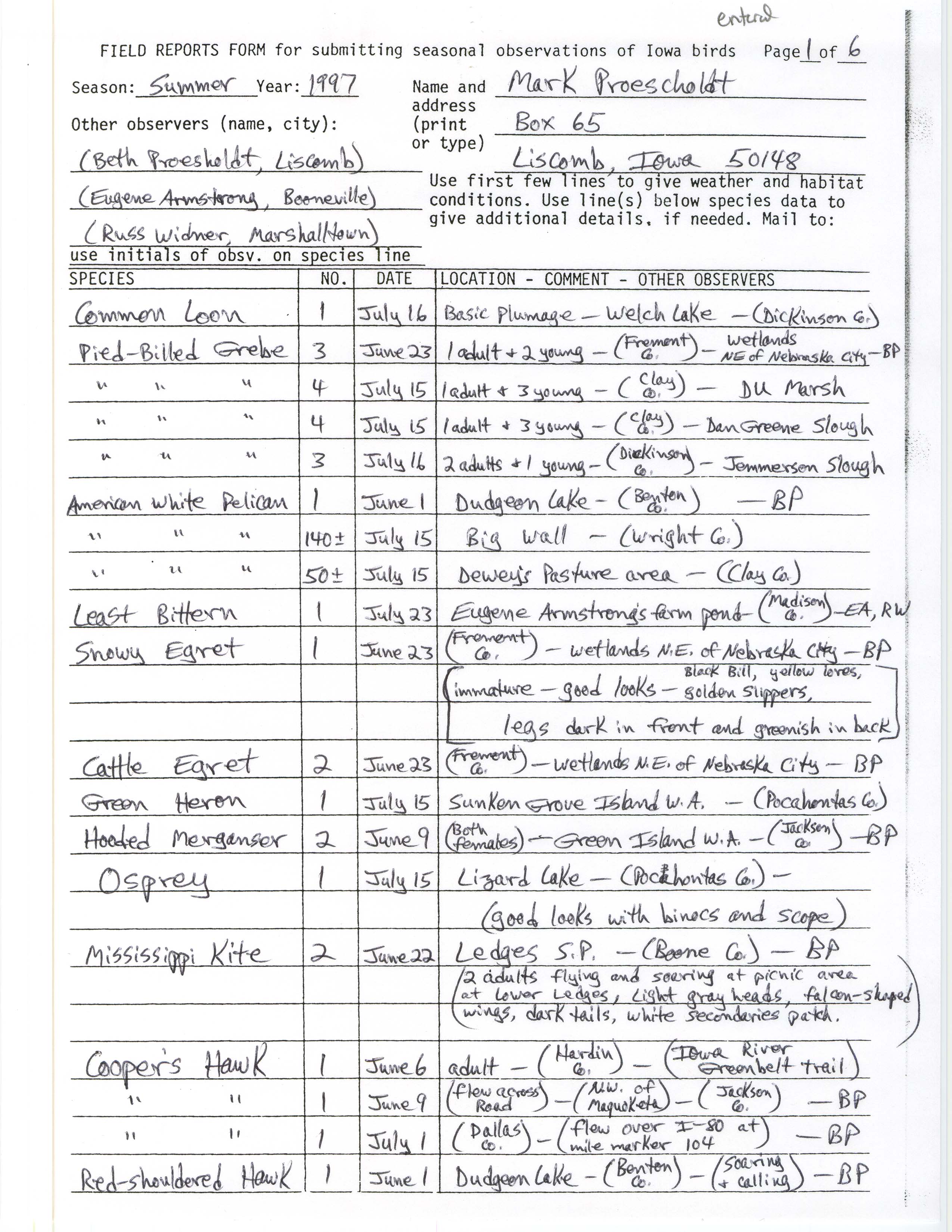 Field reports form for submitting seasonal observations of Iowa birds, Mark Proescholdt, summer 1997