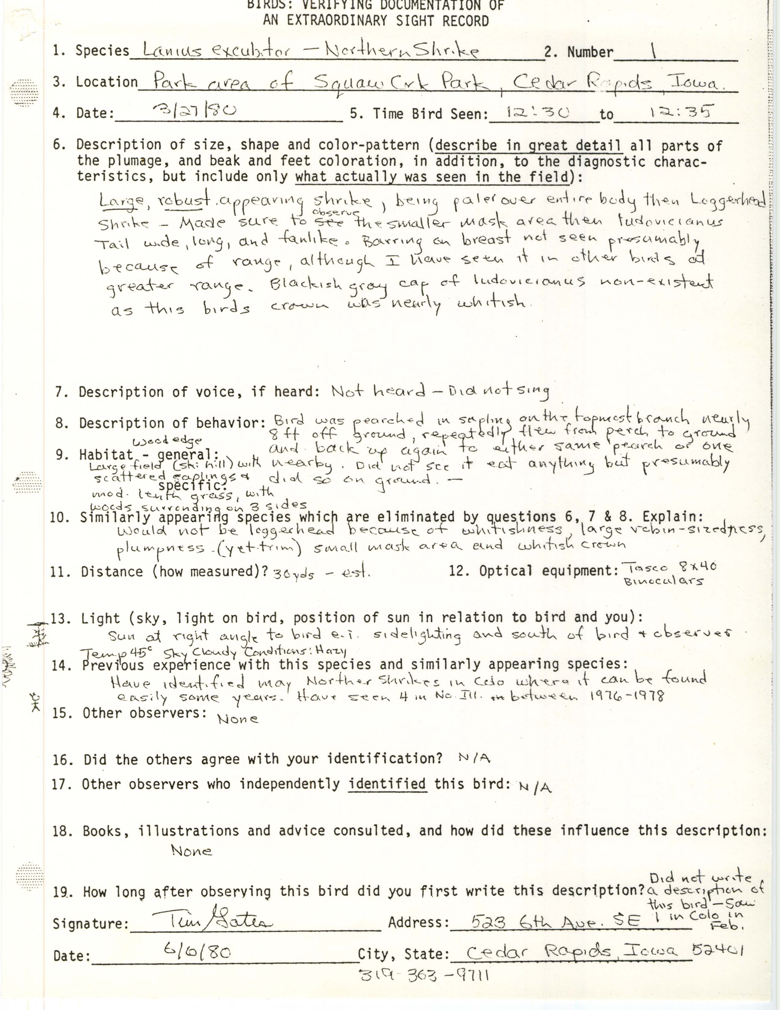Rare bird documentation form for Northern Shrike at Squaw Creek Park in Cedar Rapids, 1980