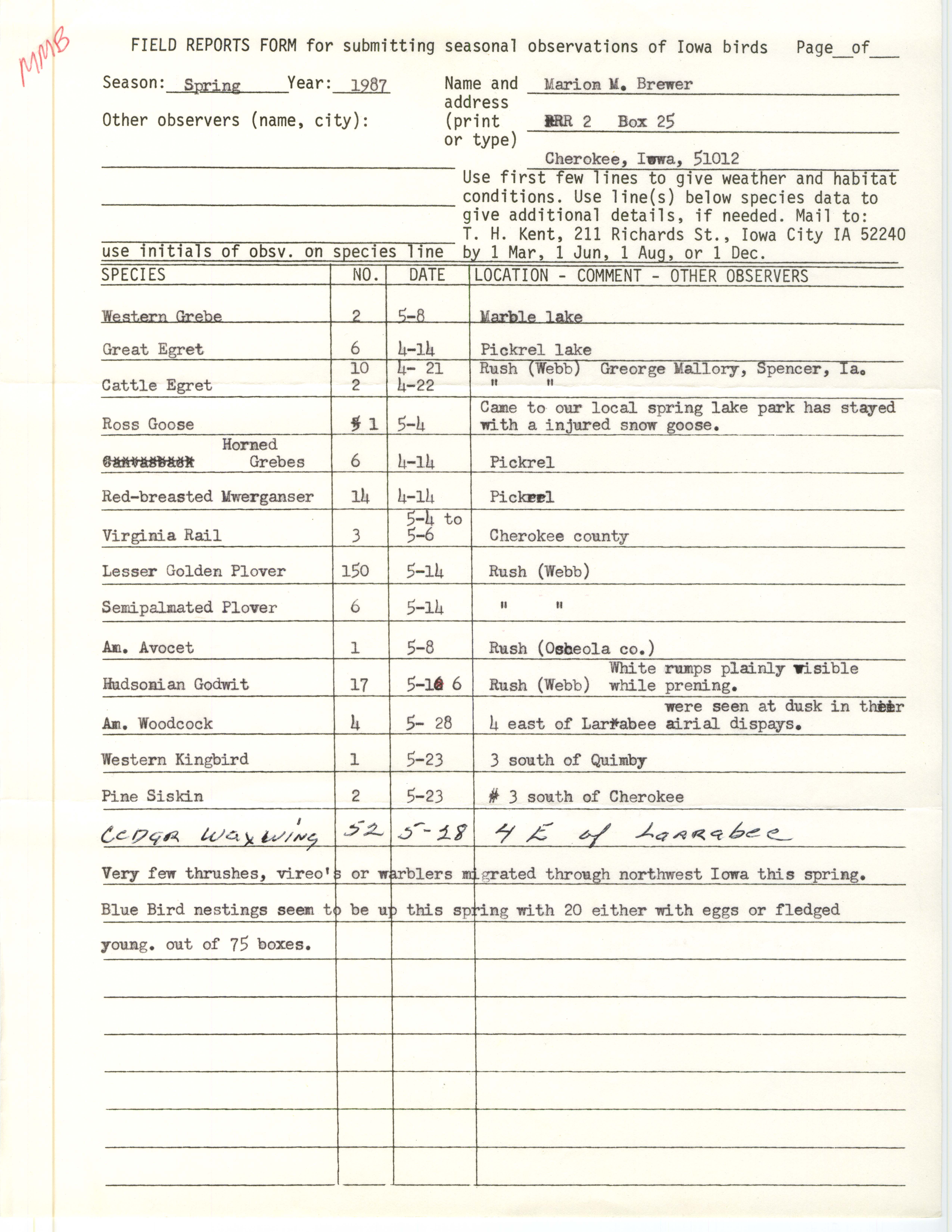Field reports form for submitting seasonal observations of Iowa birds, Marion M. Brewer, spring 1987