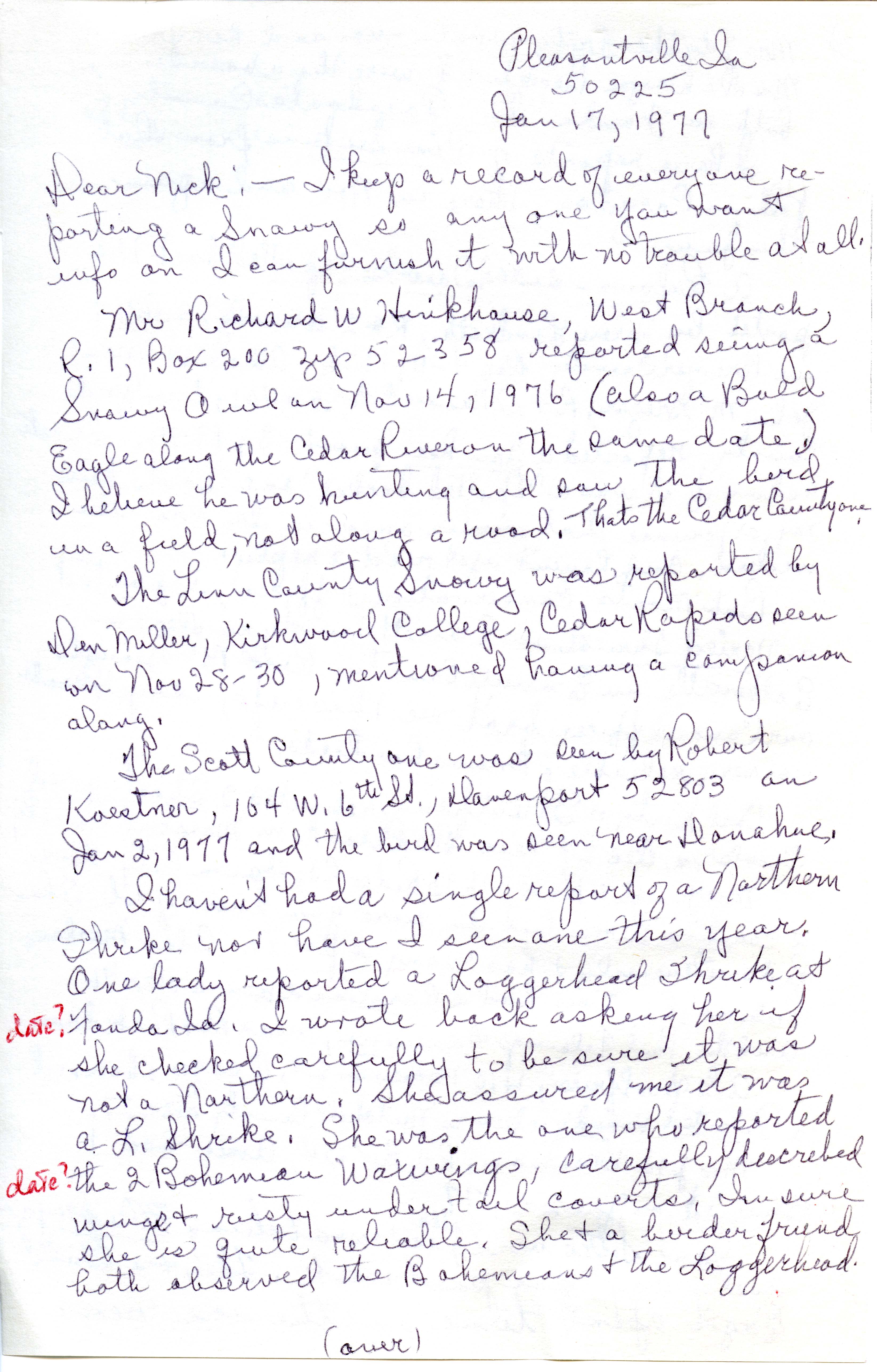 Gladys Black letter to Nicholas S. Halmi regarding fall migration, 1976