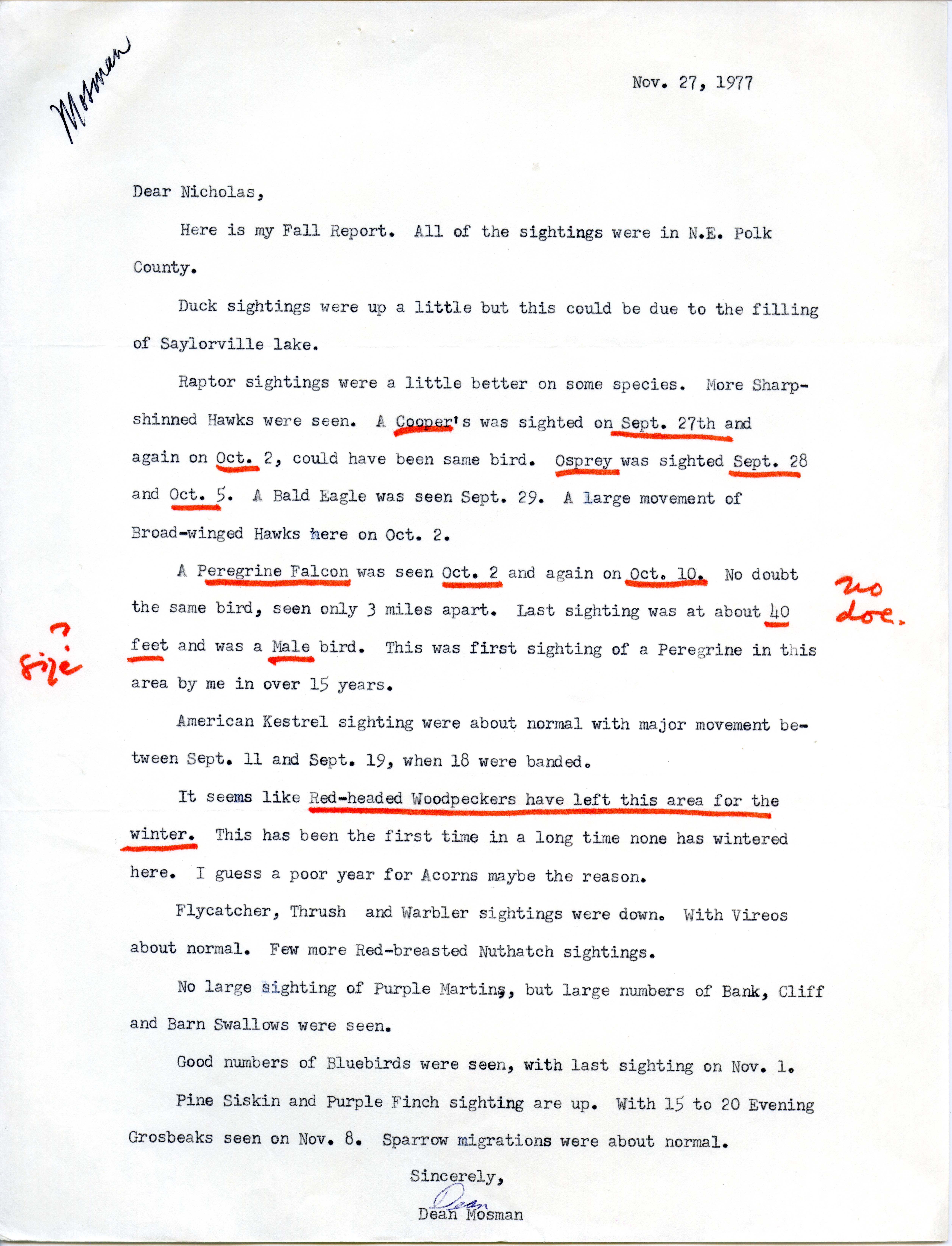 Dean Mosman letter to Nicholas S. Halmi regarding bird sightings, November 27, 1977