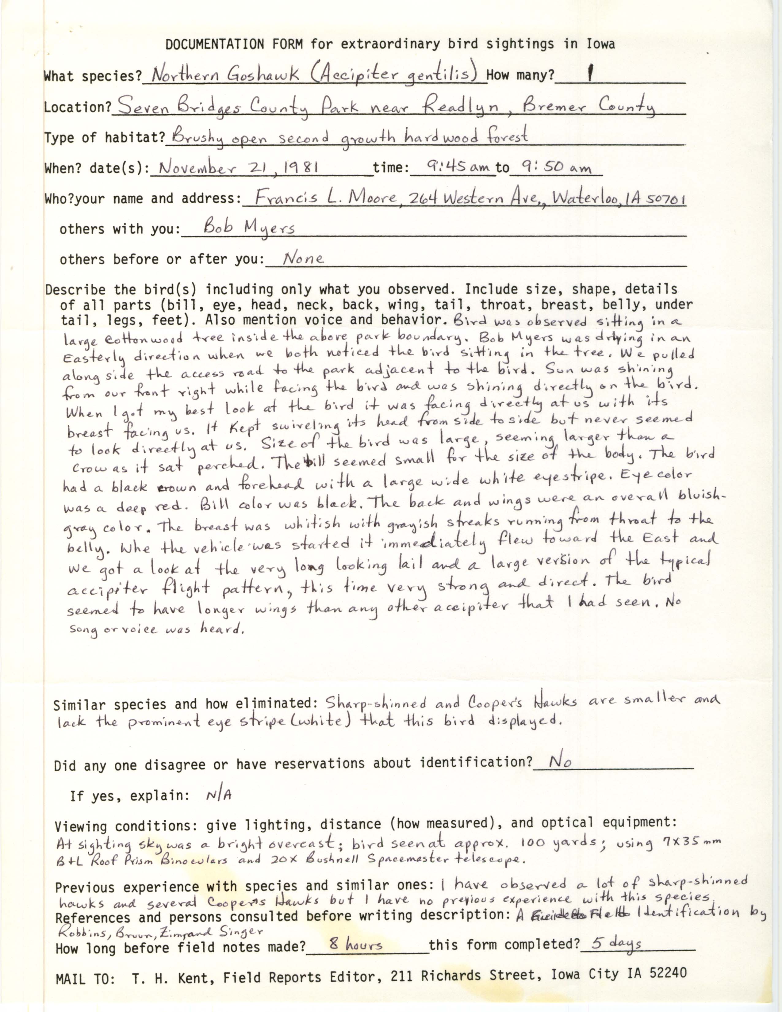 Rare bird documentation form for Northern Goshawk at Seven Bridges County Park in 1981