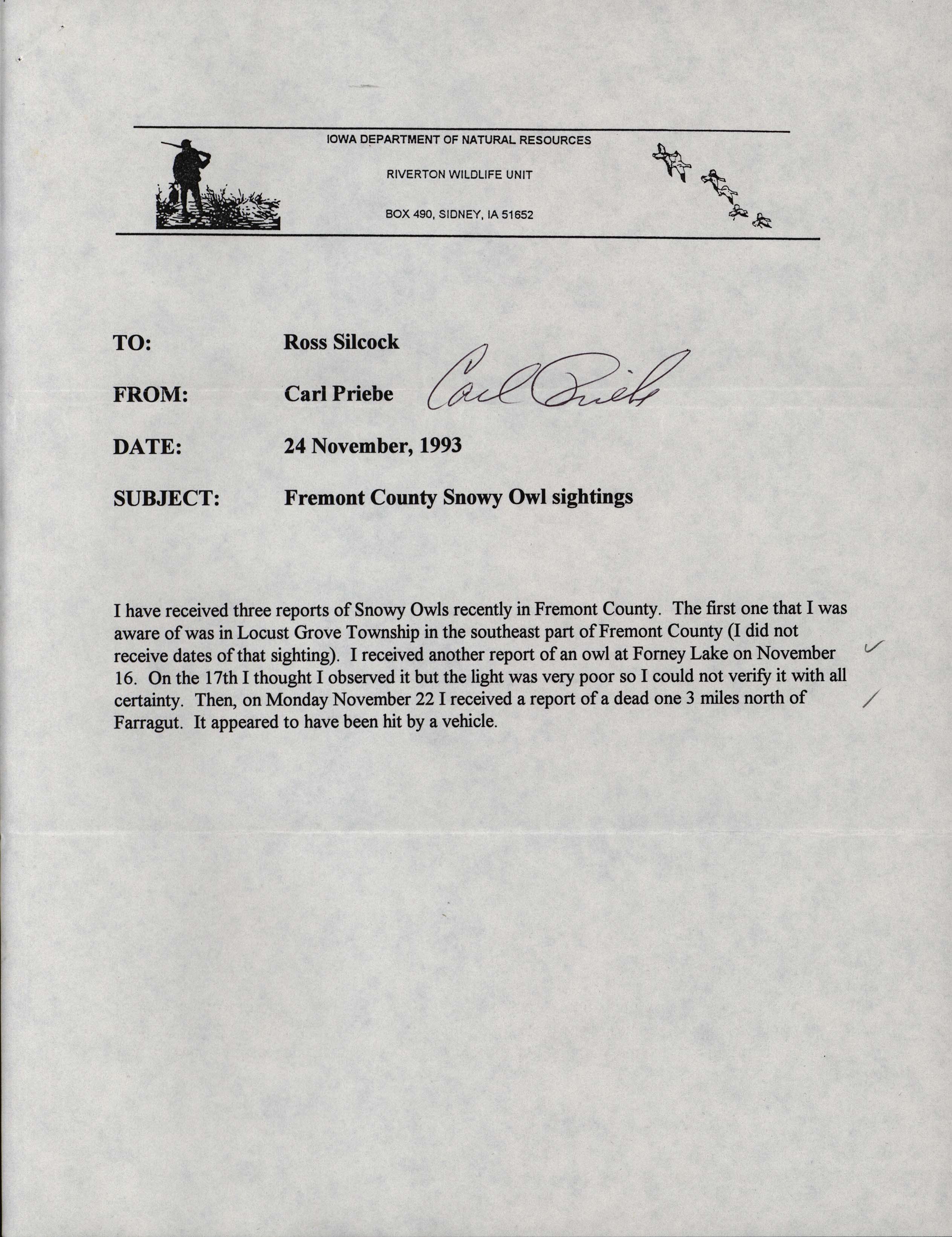 Carl Priebe letter to W. Ross Silcock regarding Fremont County Snowy Owl sightings, November 24, 1993