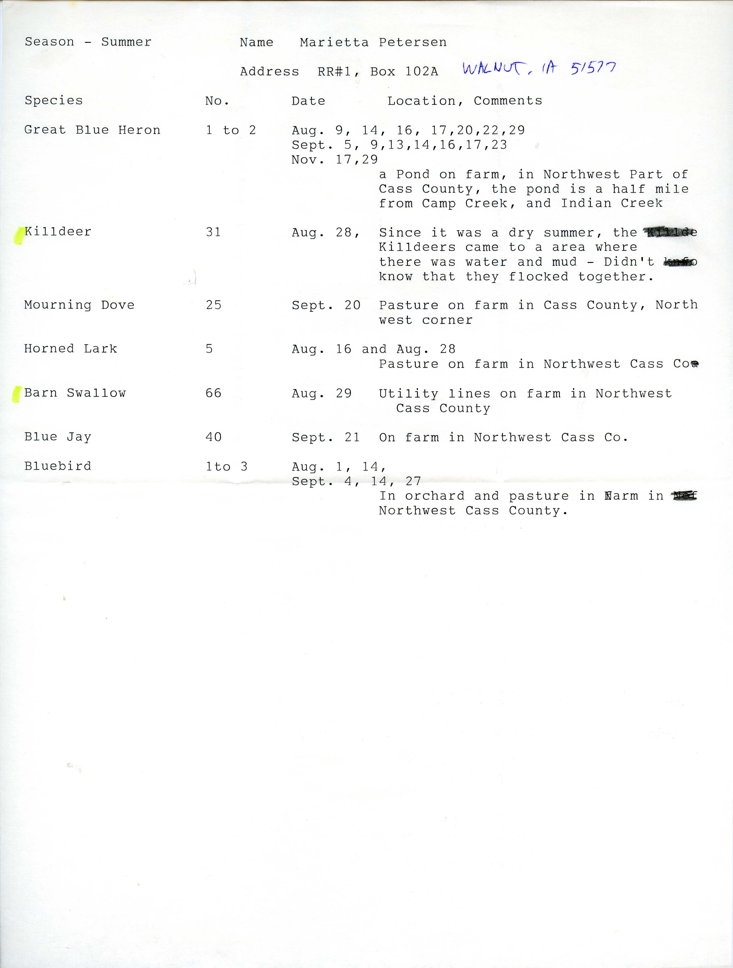 Field notes contributed by Marietta Petersen, fall 1988