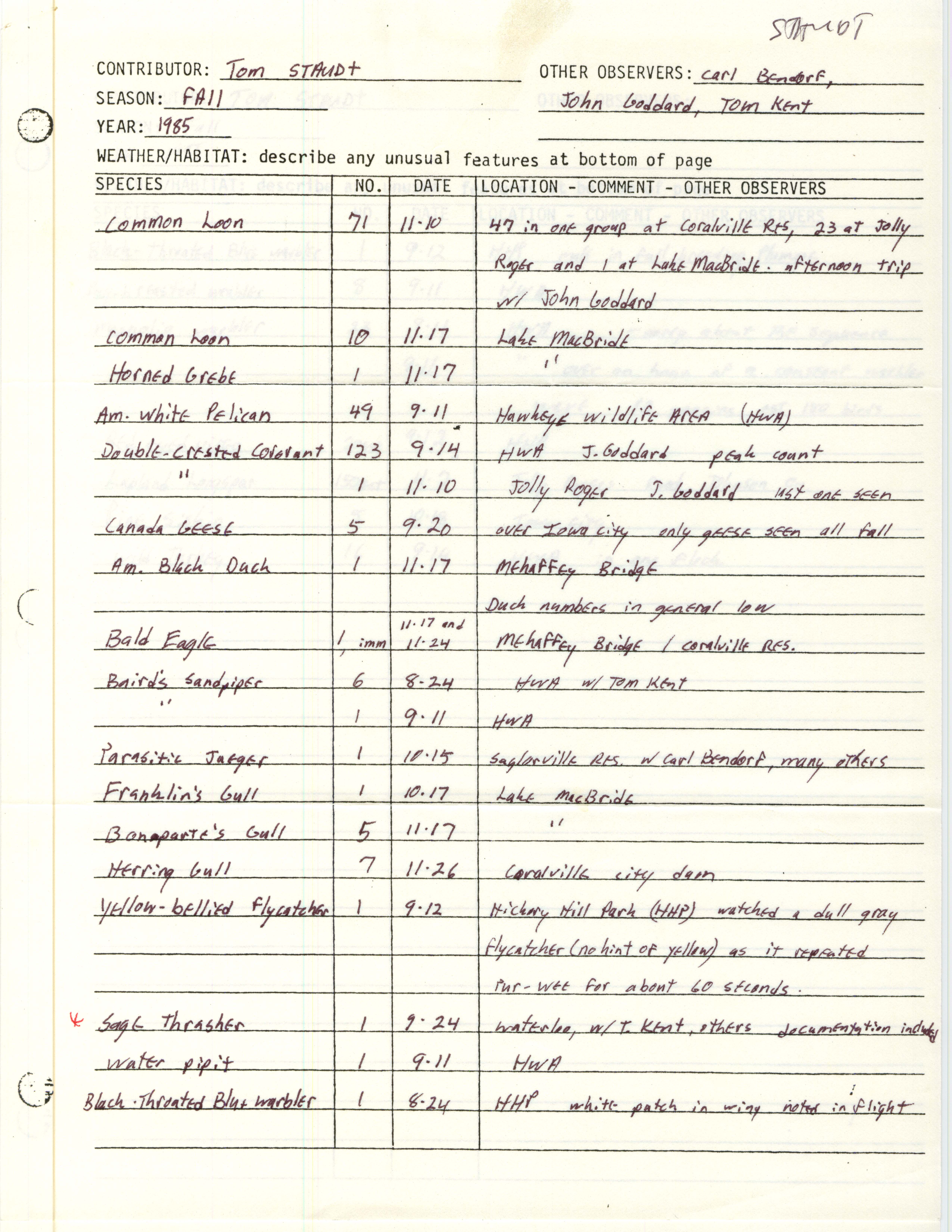 Annotated bird sighting list for Fall 1985 compiled by Tom Staudt