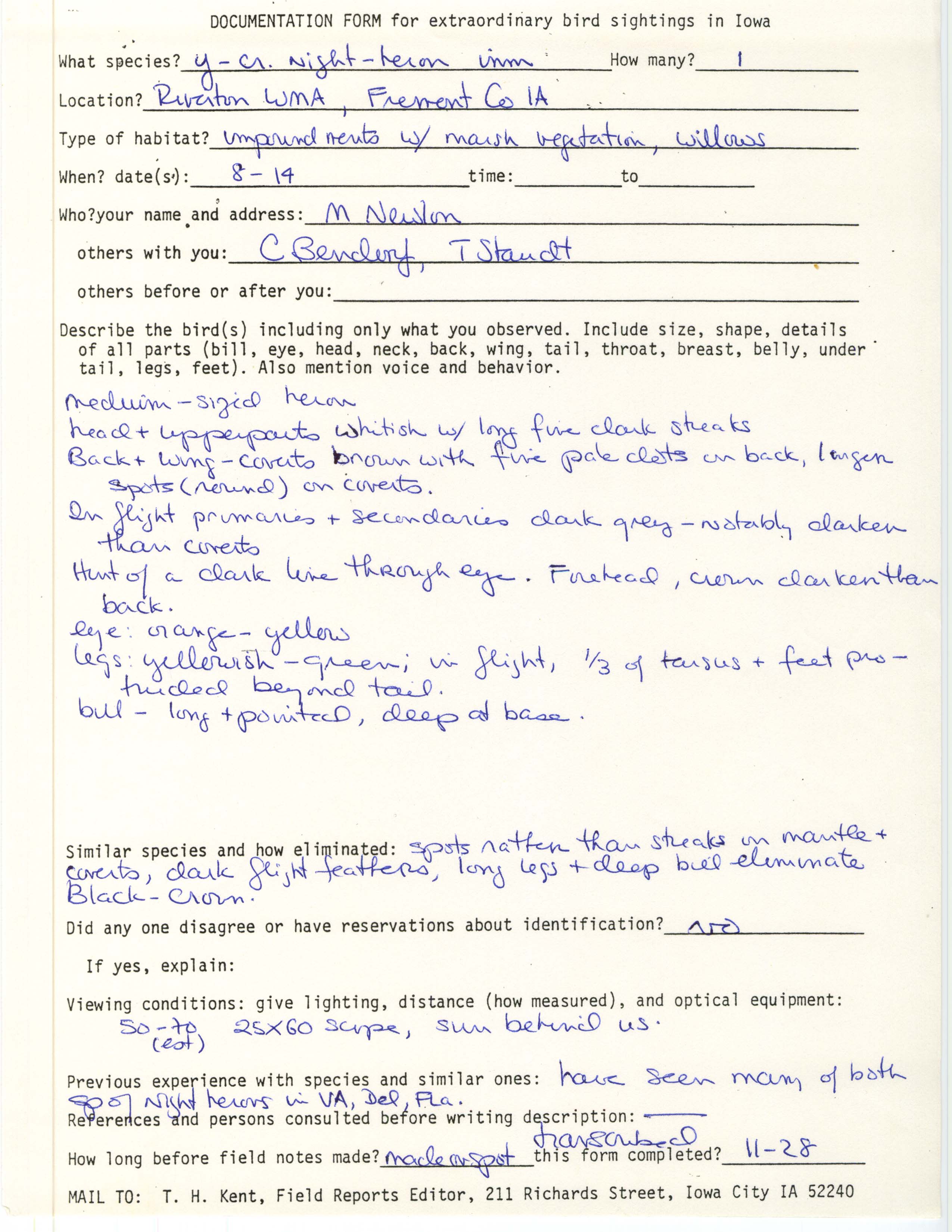 Rare bird documentation form for Yellow-crowned Night Heron at Riverton Wildlife Management Area, 1981