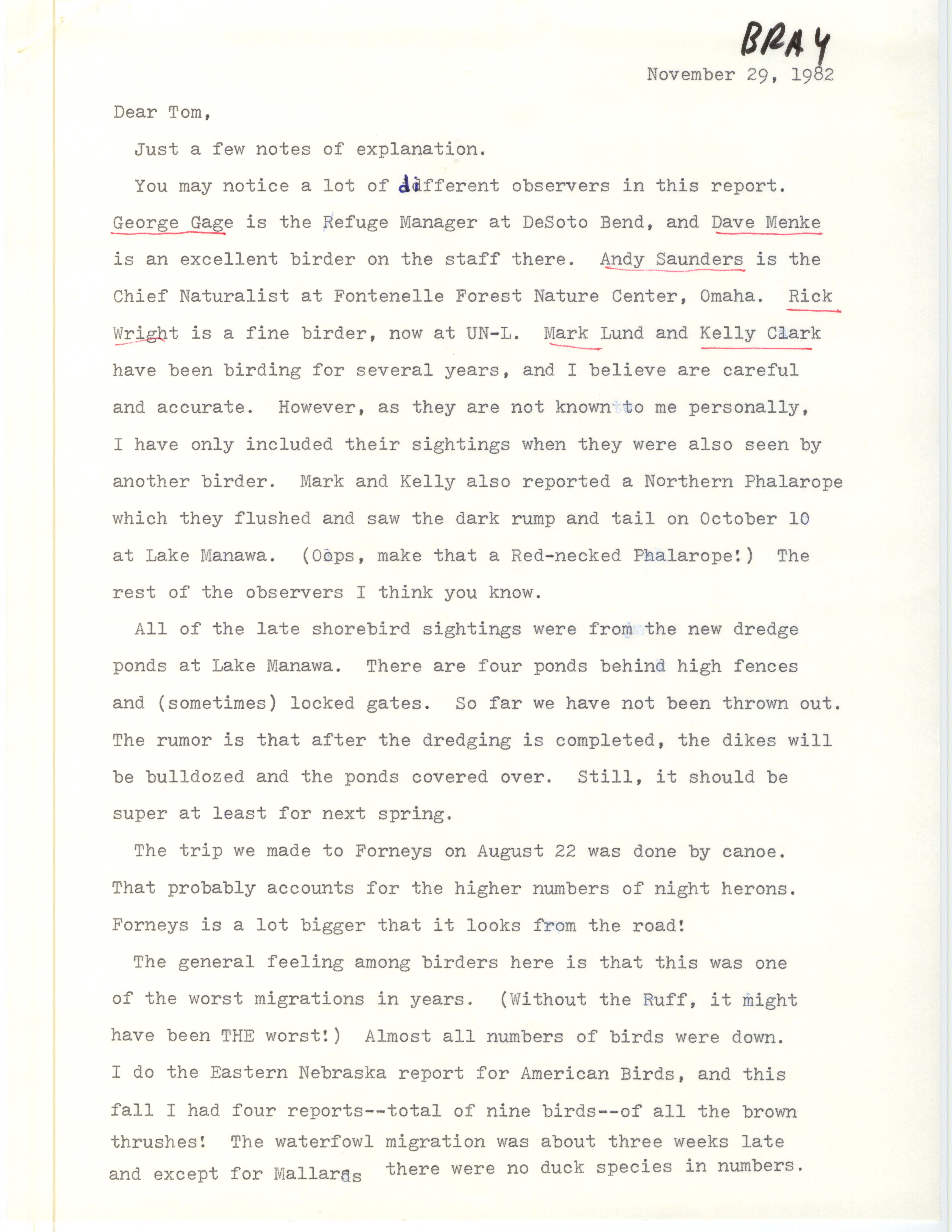 Tanya Bray letter and field report to Thomas H. Kent, November 29, 1982