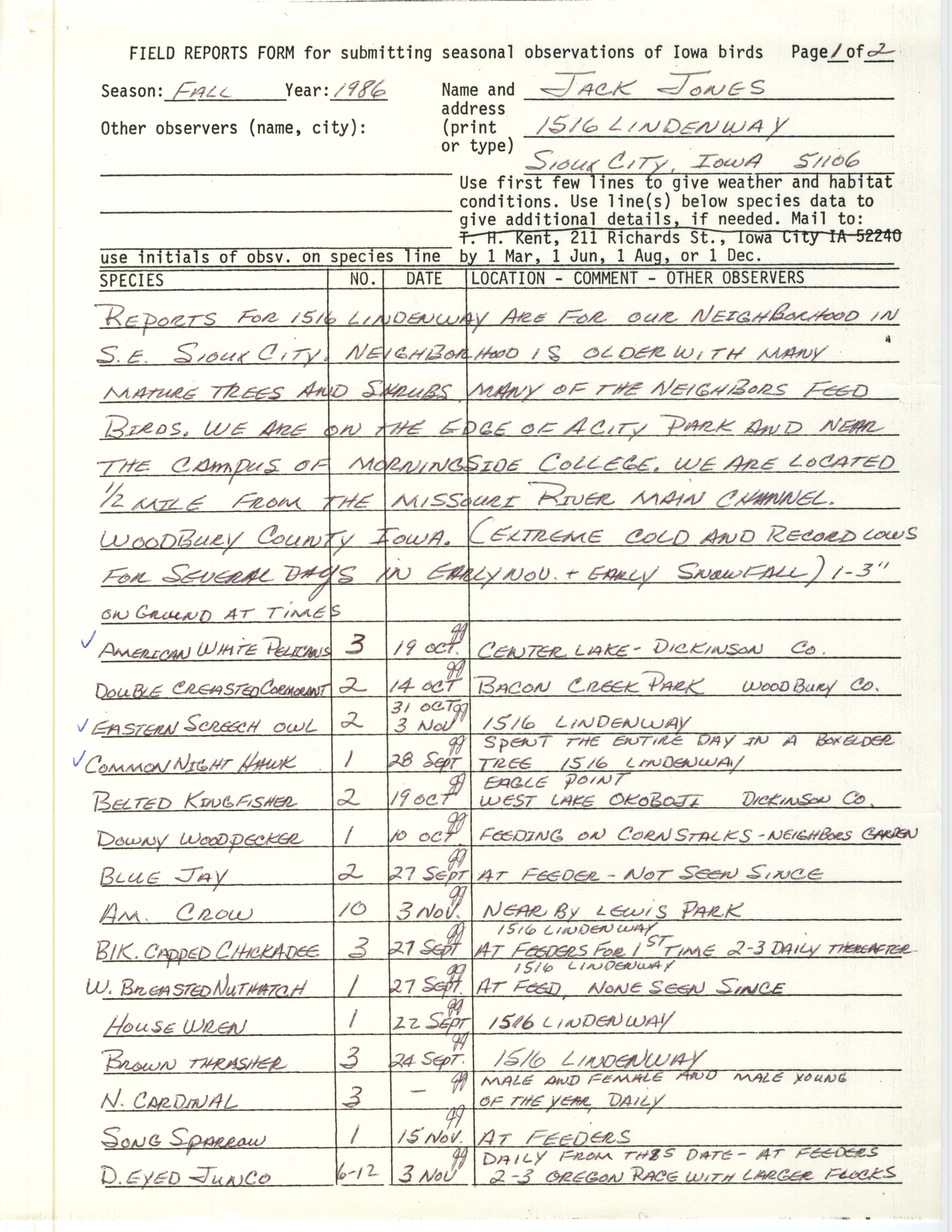 Field reports form for submitting seasonal observations of Iowa birds, Jack Jones, fall 1986