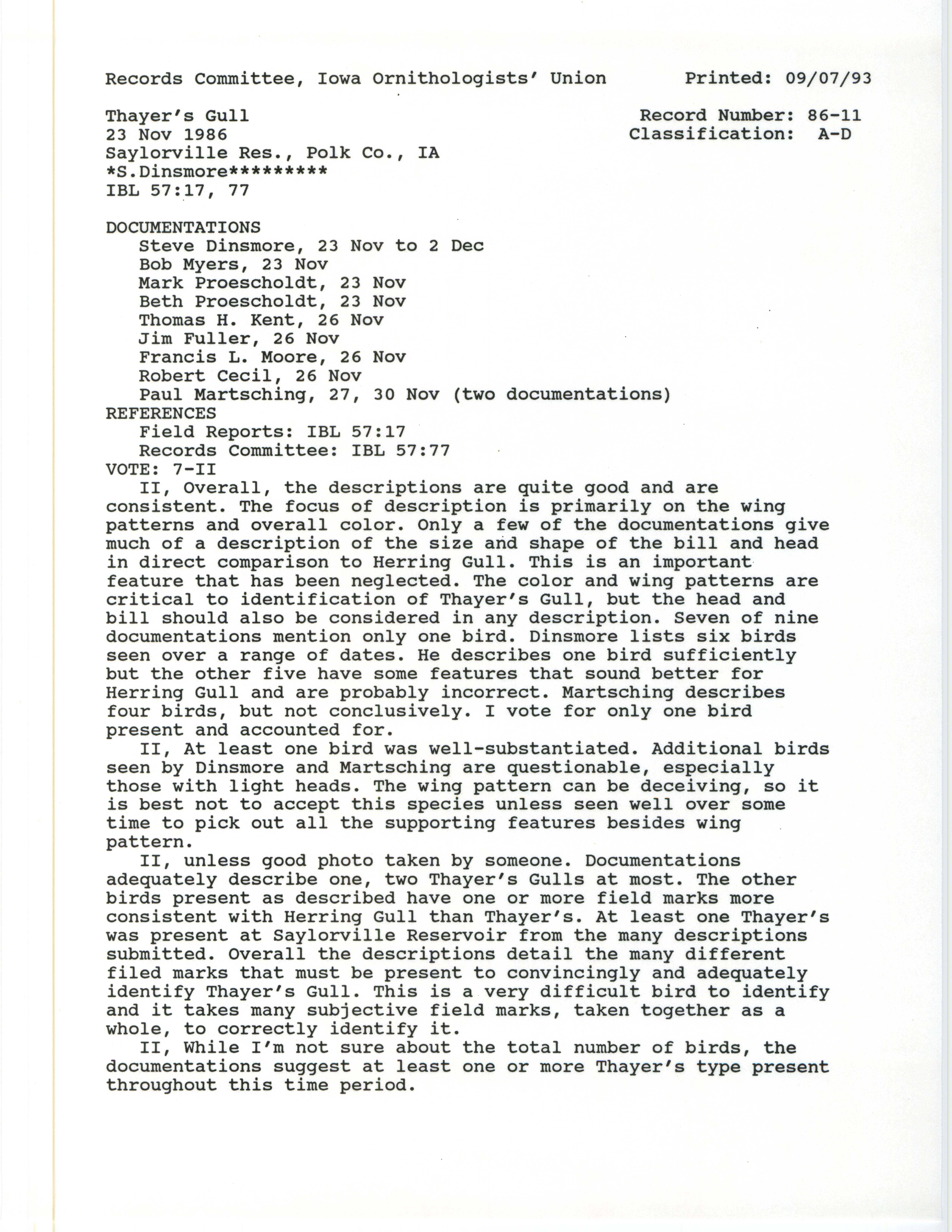 Records Committee review for rare bird sighting of Thayer's Gull near Oak Grove Beach and Saylorville Reservoir Dam, 1986
