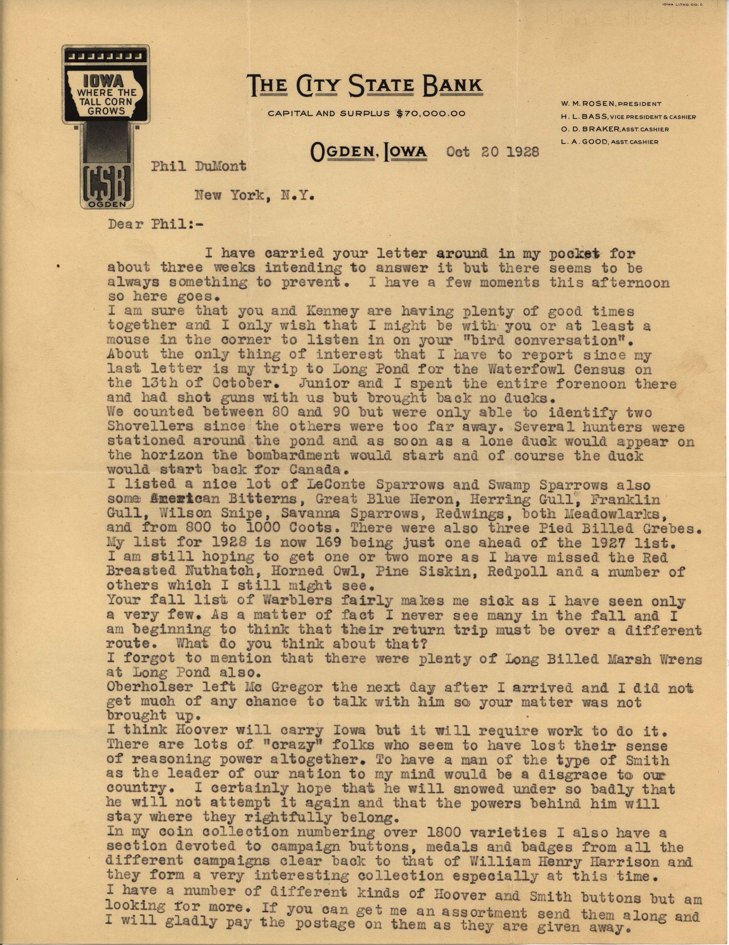 Walter Rosene letter to Philip DuMont regarding Waterfowl Census, October 20, 1928