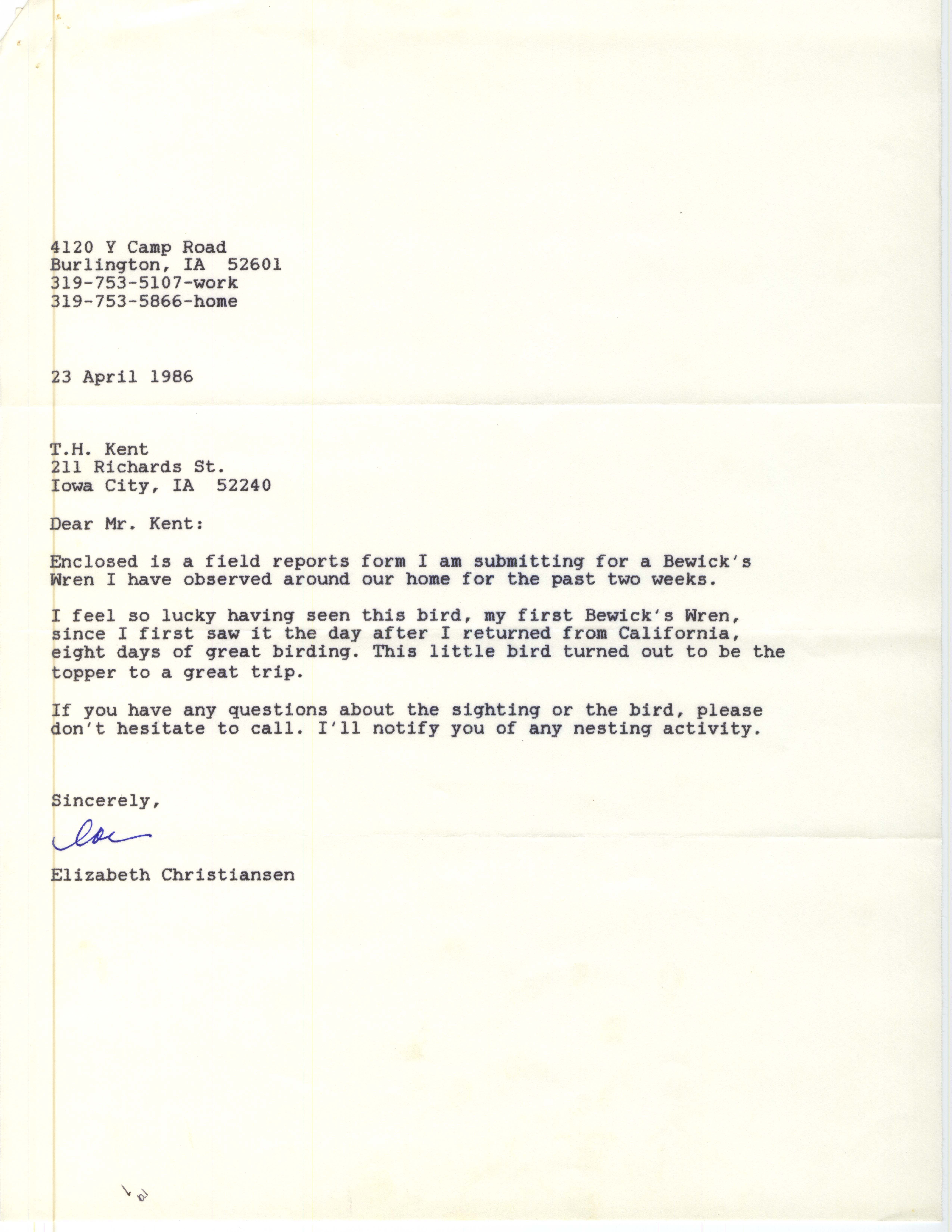 Elizabeth Christiansen letter to Thomas Kent regarding Bewick's Wren, April 23, 1986