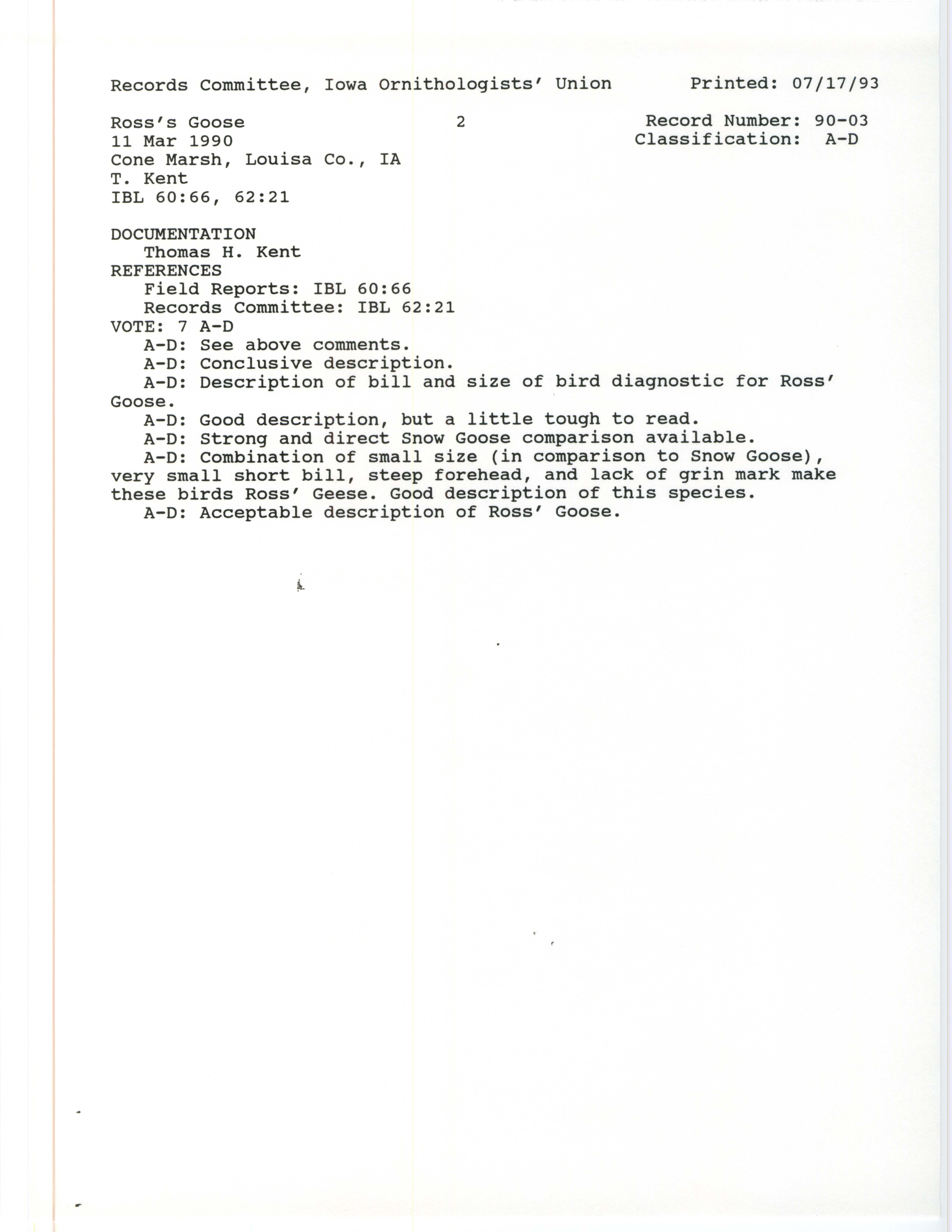 Records Committee review for rare bird sighting of Ross' Goose at Cone Marsh, 1990