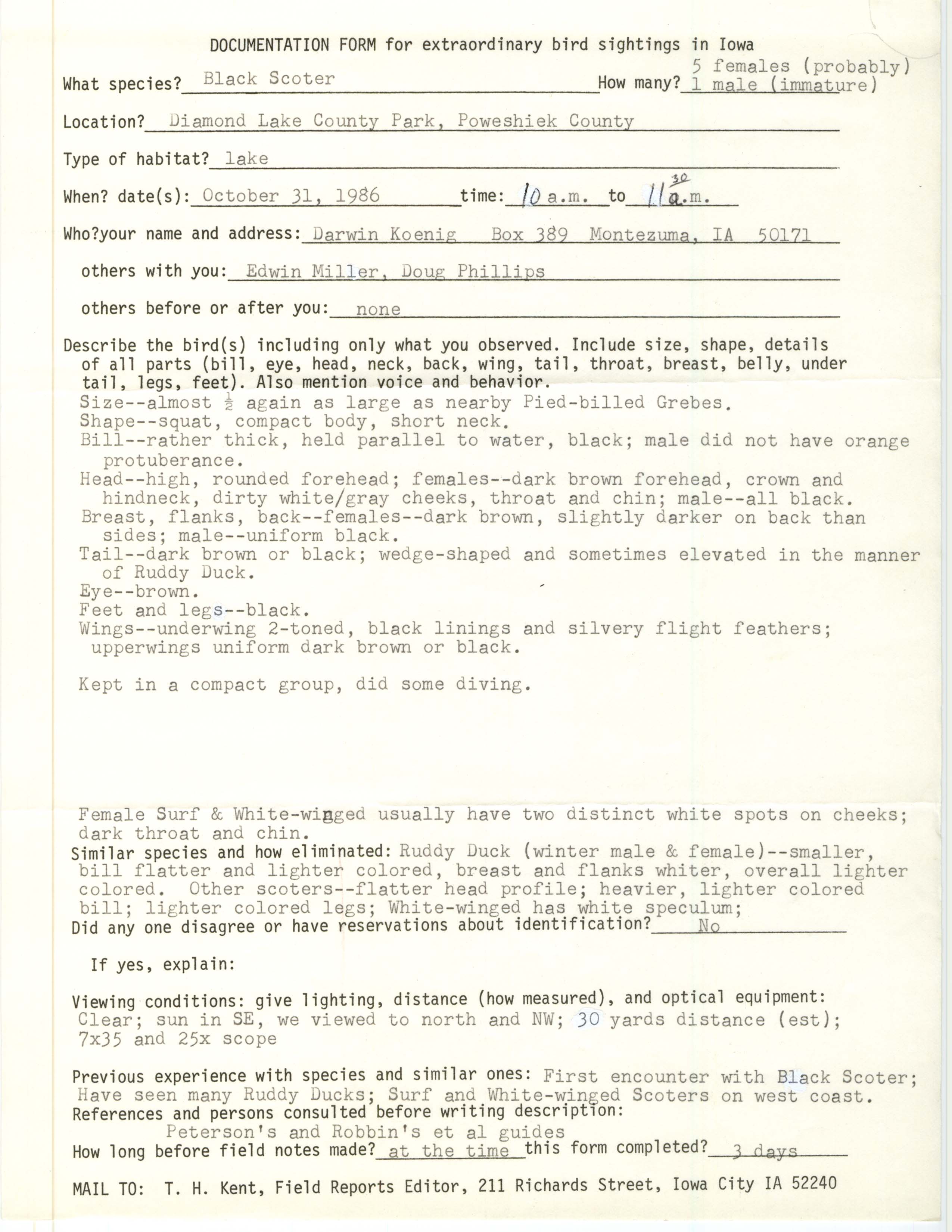 Rare bird documentation form for Black Scoter at Diamond Lake County Park, 1986
