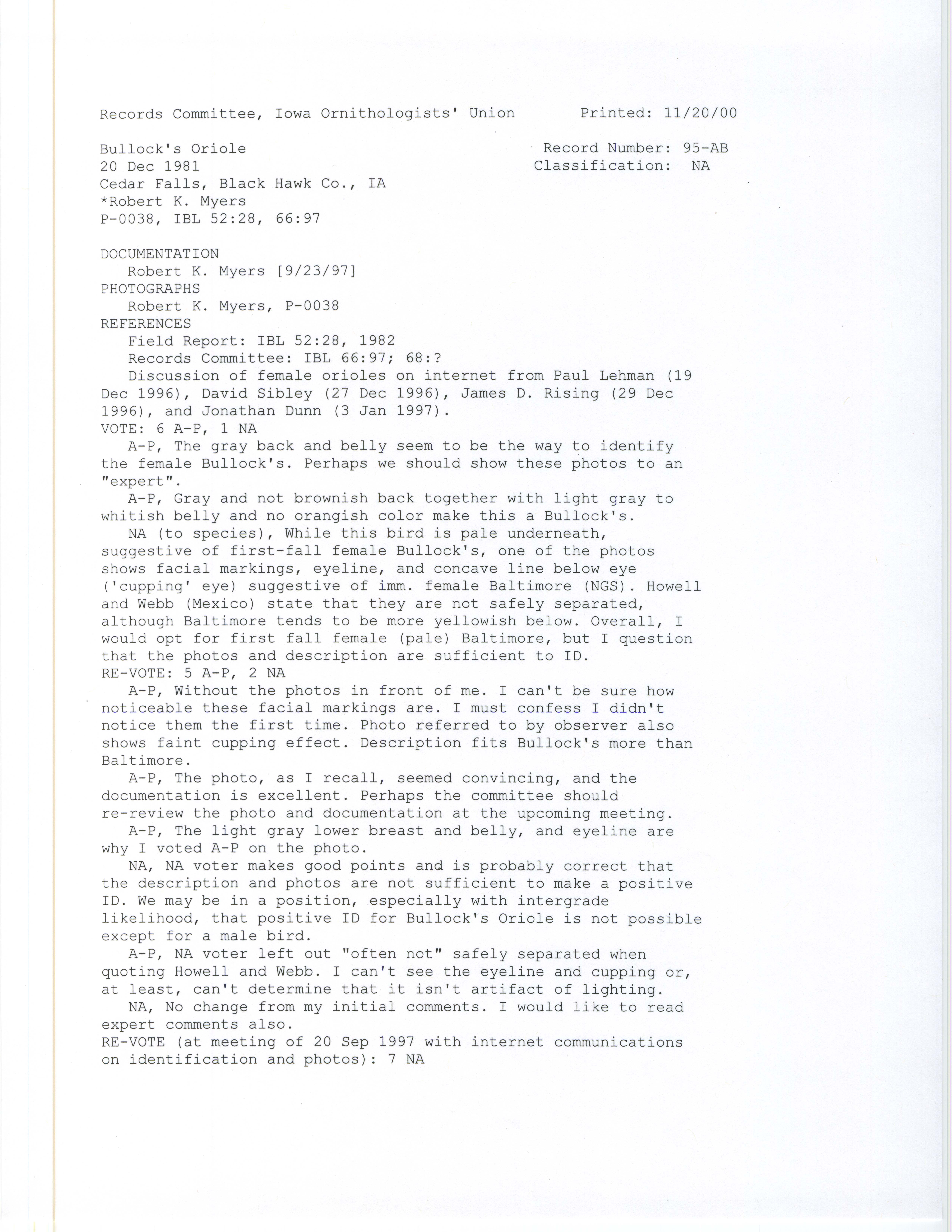 Records Committee review for rare bird sighting for Bullock's Oriole at Cedar Falls, 1981