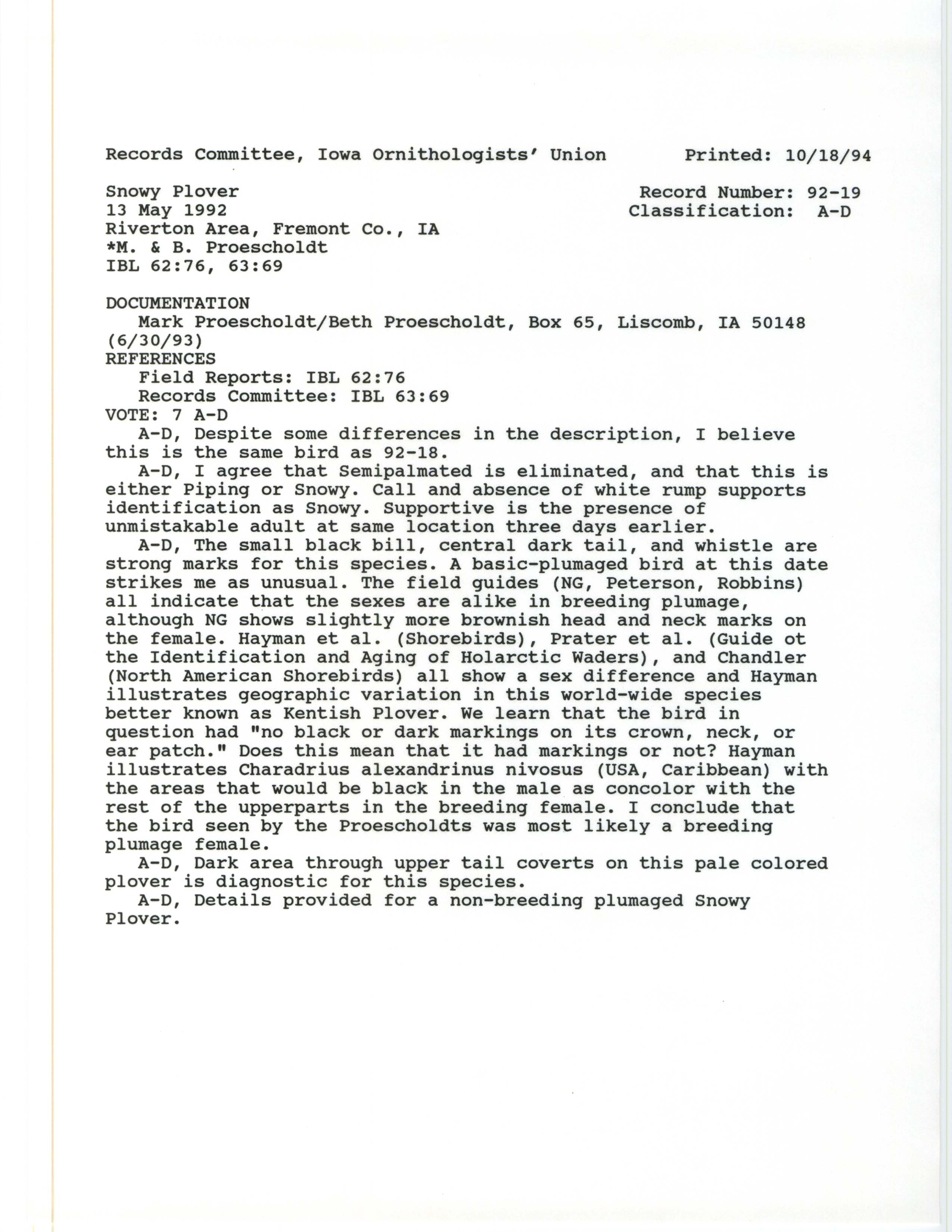 Records Committee review for rare bird sighting of Snowy Plover at Riverton Wildlife Area, 1992