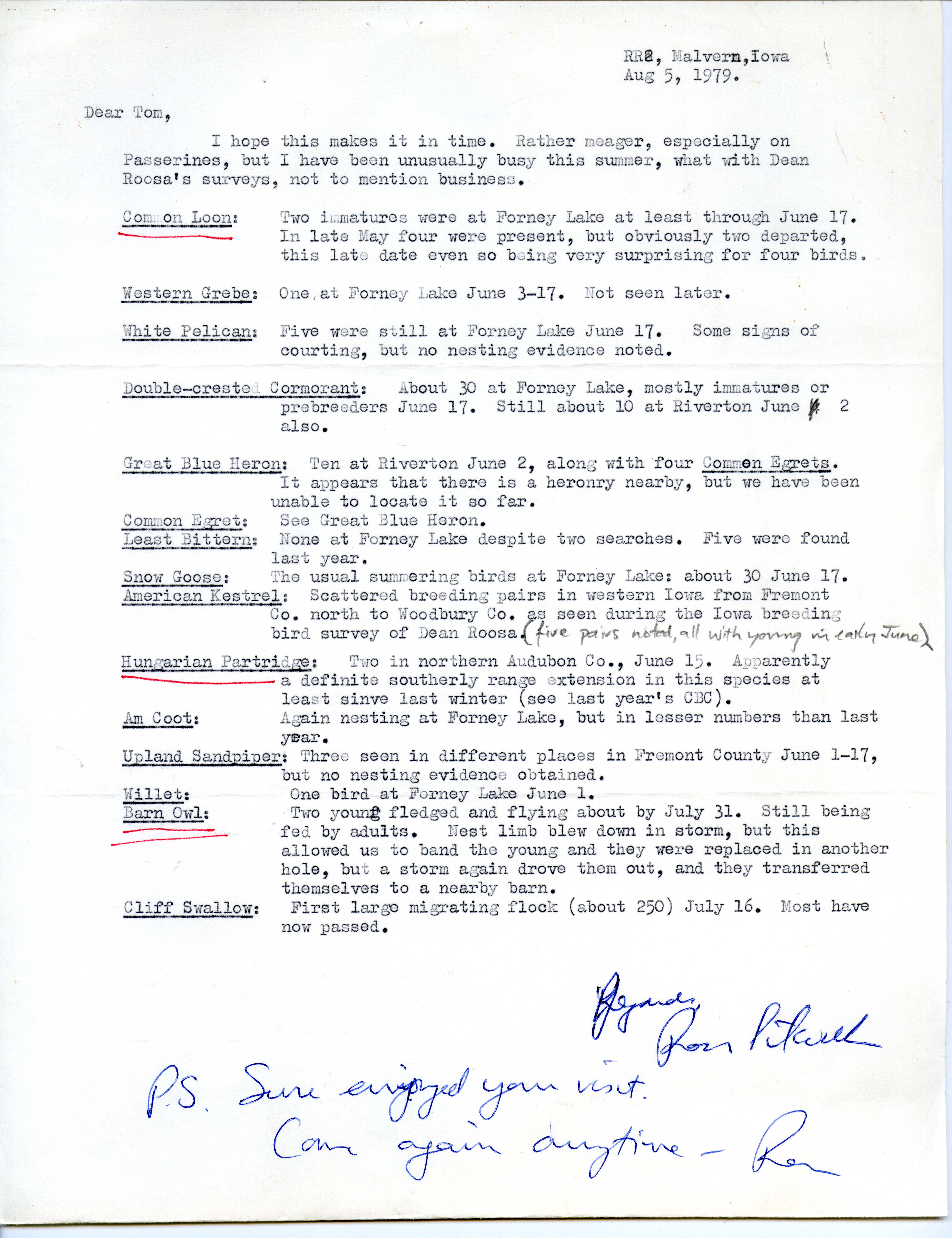 Ross Silcock letter to Thomas H. Kent regarding bird sightings, August 5, 1979