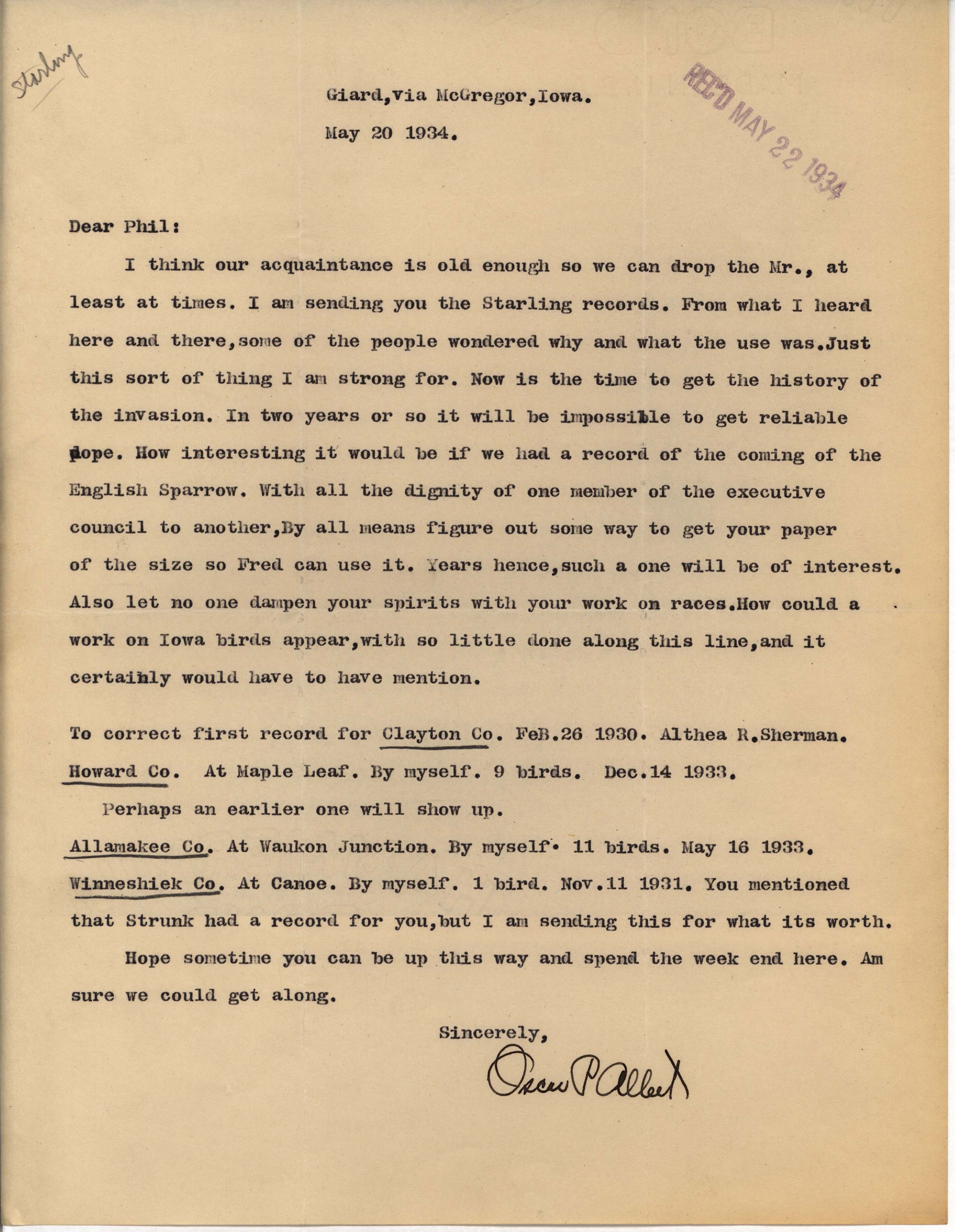 Oscar Allert letter to Philip DuMont regarding Starling sightings, May 20, 1934