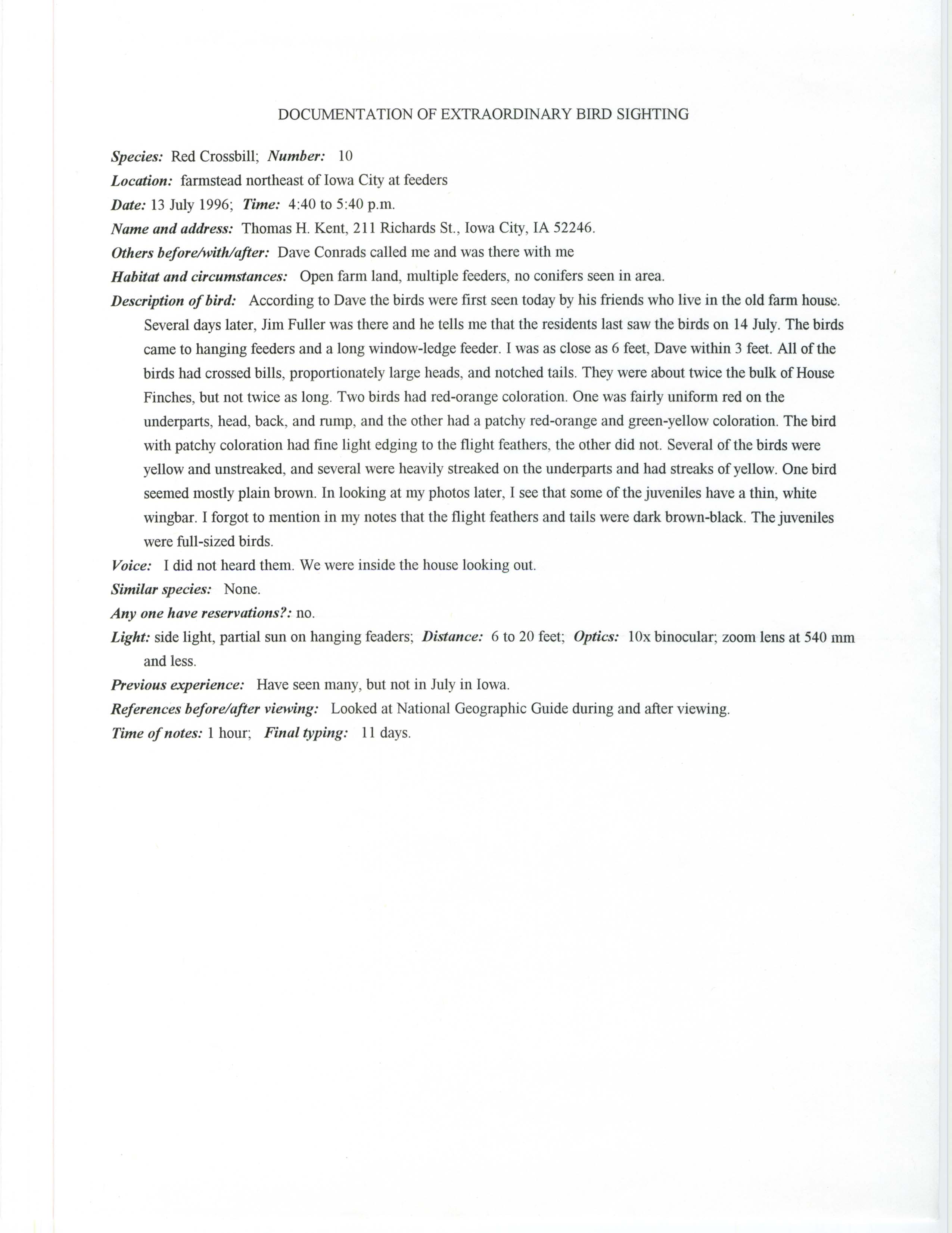 Rare bird documentation form for Red Crossbill northeast of Iowa City, 1996