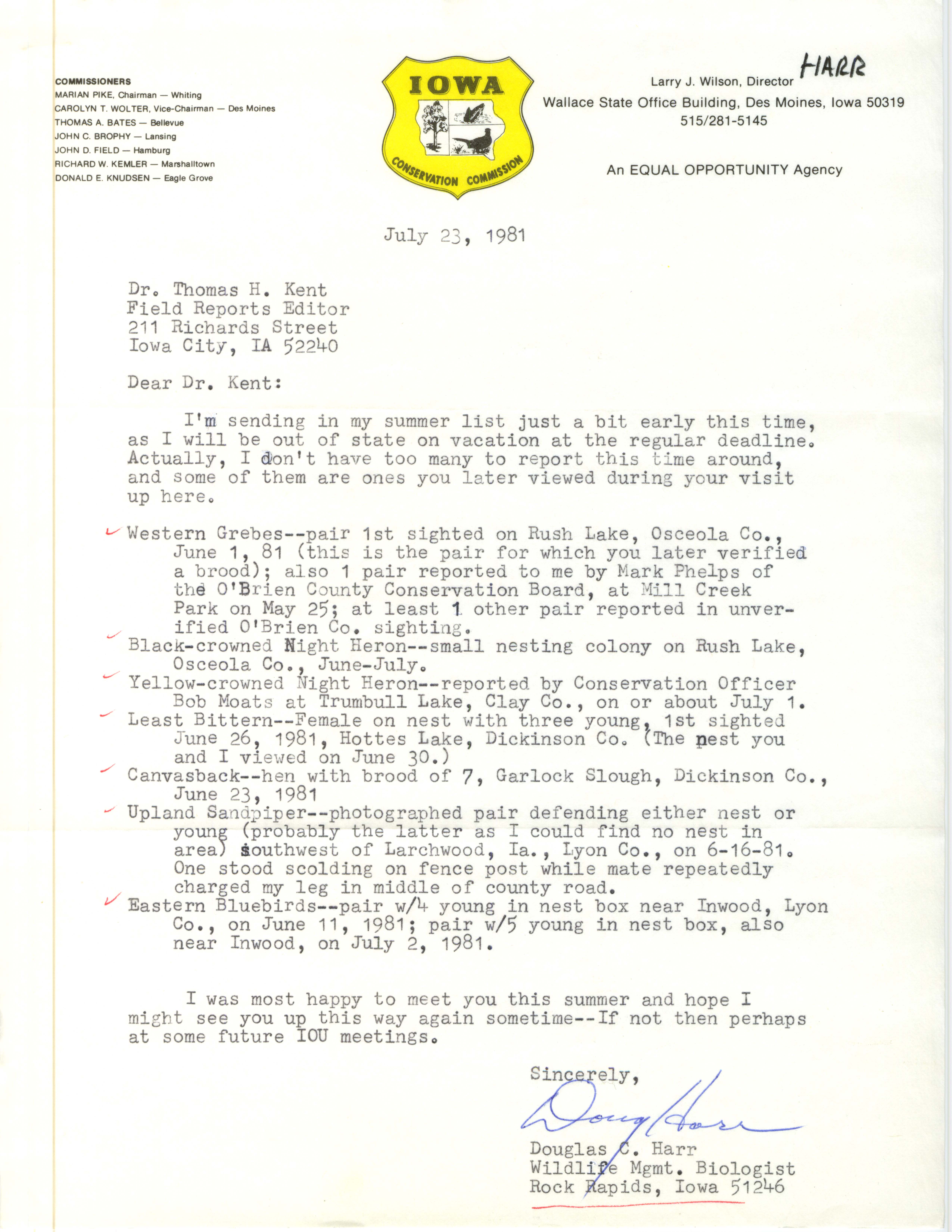 Douglas C. Harr letter to Thomas H. Kent regarding summer bird sightings, July 23, 1981