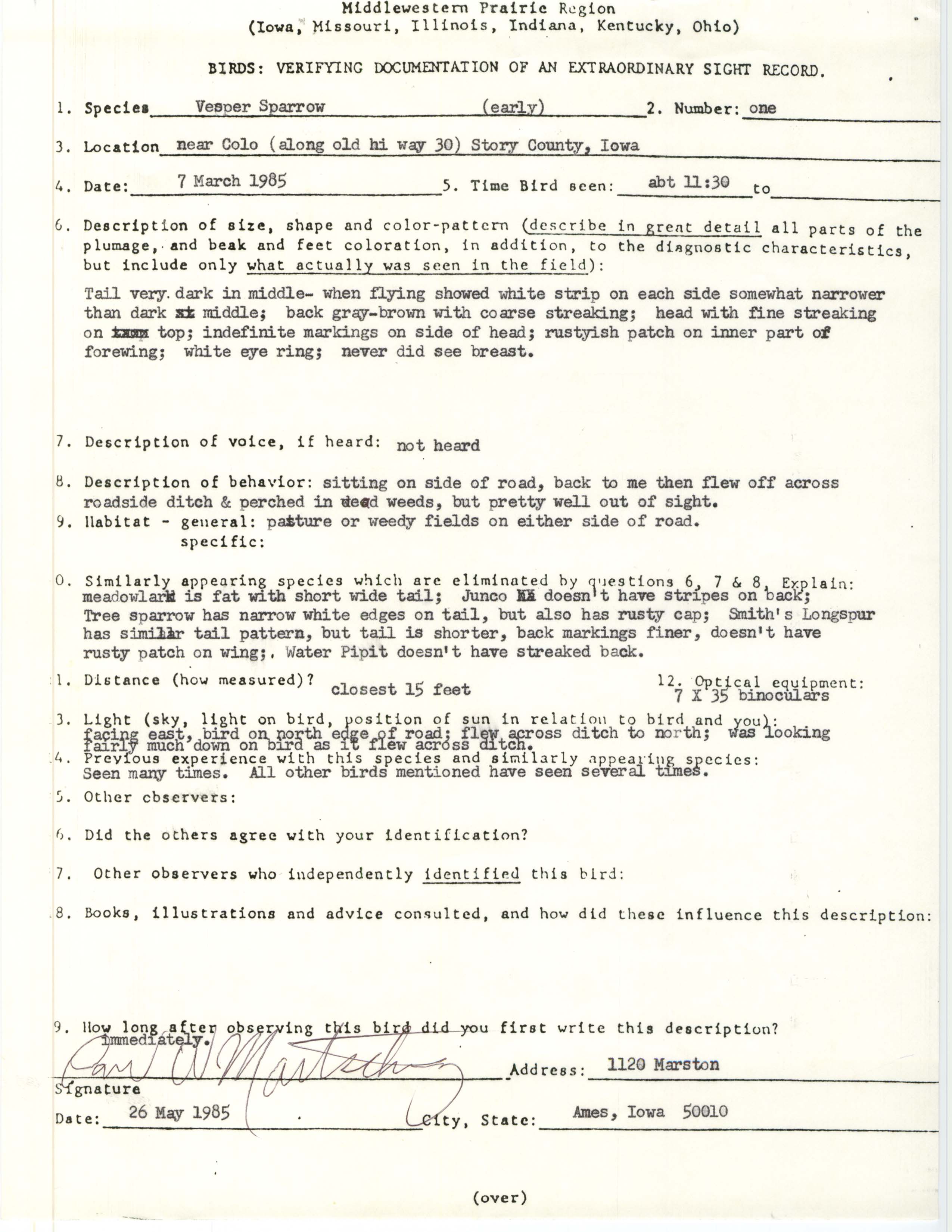 Rare bird documentation form for Vesper Sparrow near Colo, 1985