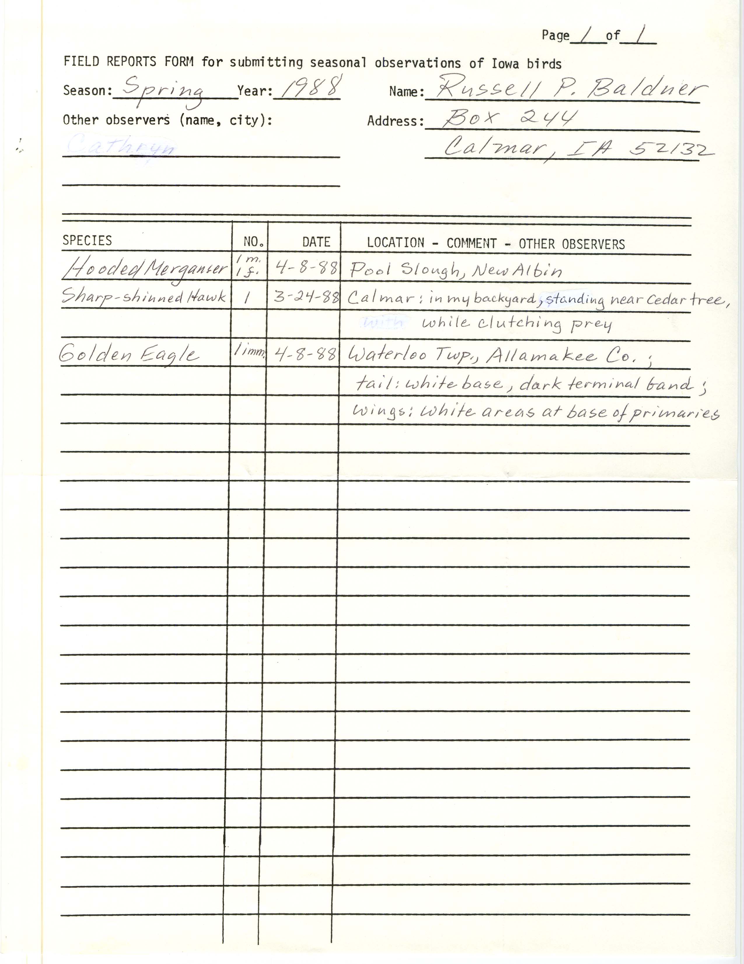 Field reports form for submitting seasonal observations of Iowa birds, Russell P. Baldner, spring 1988