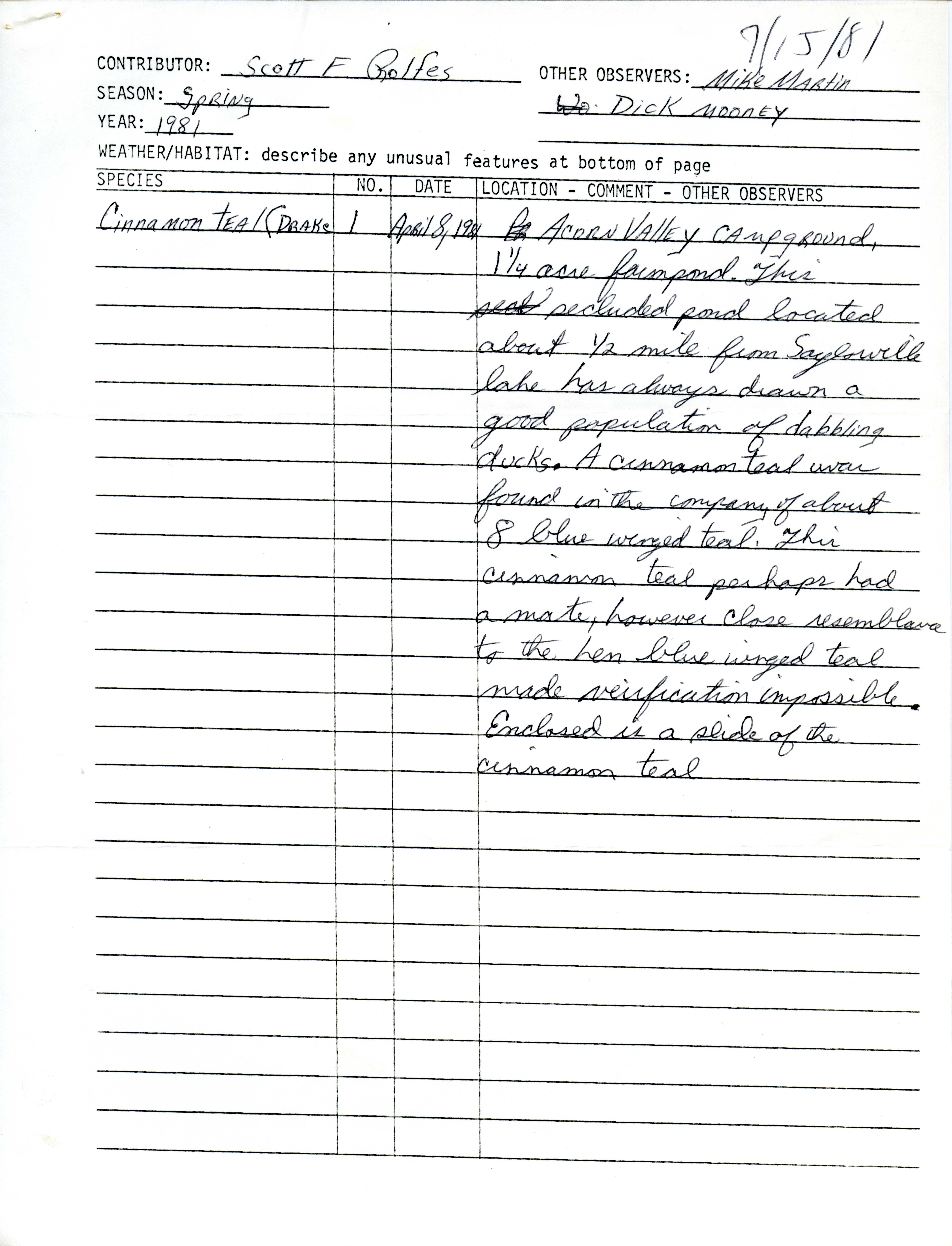 Scott Rolfes letter to Thomas H. Kent regarding the sighting of a Cinnamon Teal, July 15, 1981