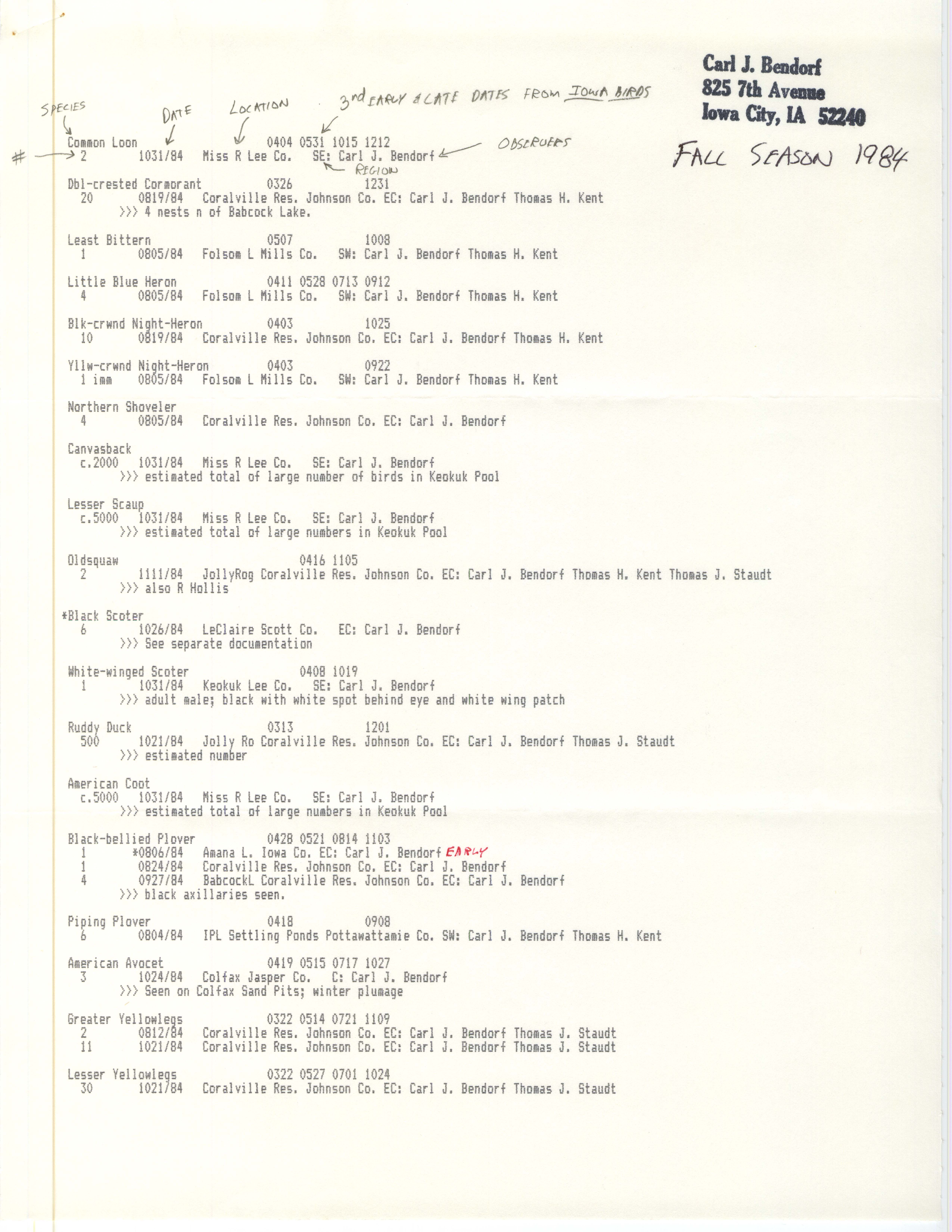 Field notes contributed by Carl J. Bendorf, fall 1984