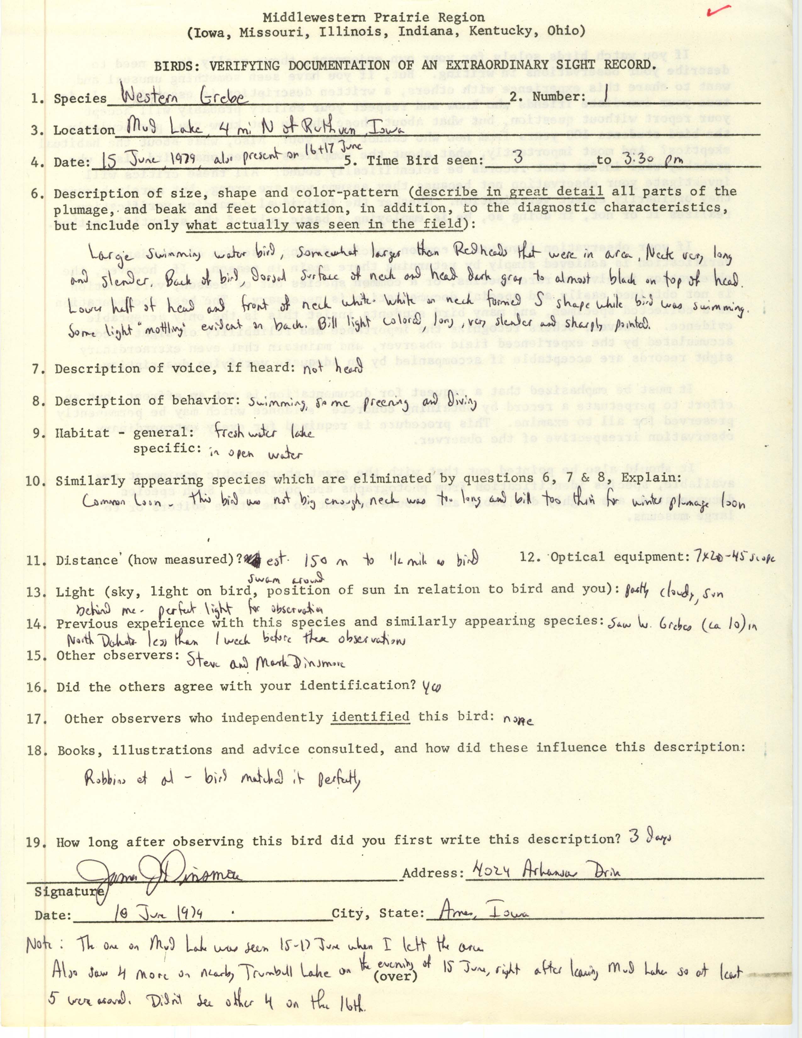 Rare bird documentation form for Western Grebe at Ruthven, 1979