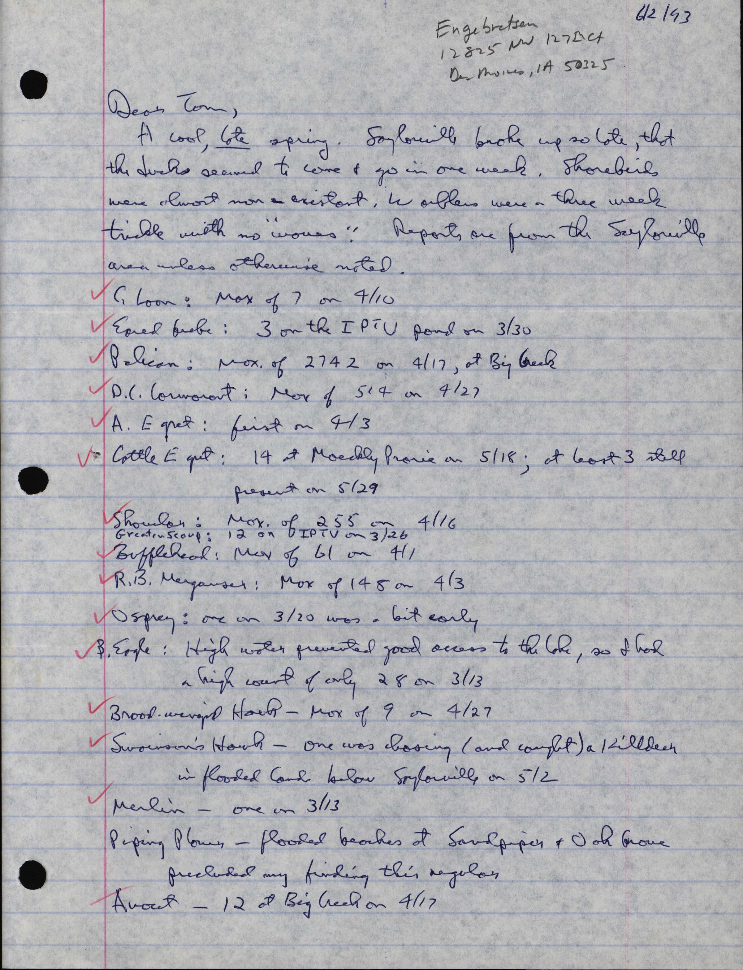 Bery Engebretsen letter to Thomas Kent regarding spring reports, June 2, 1993