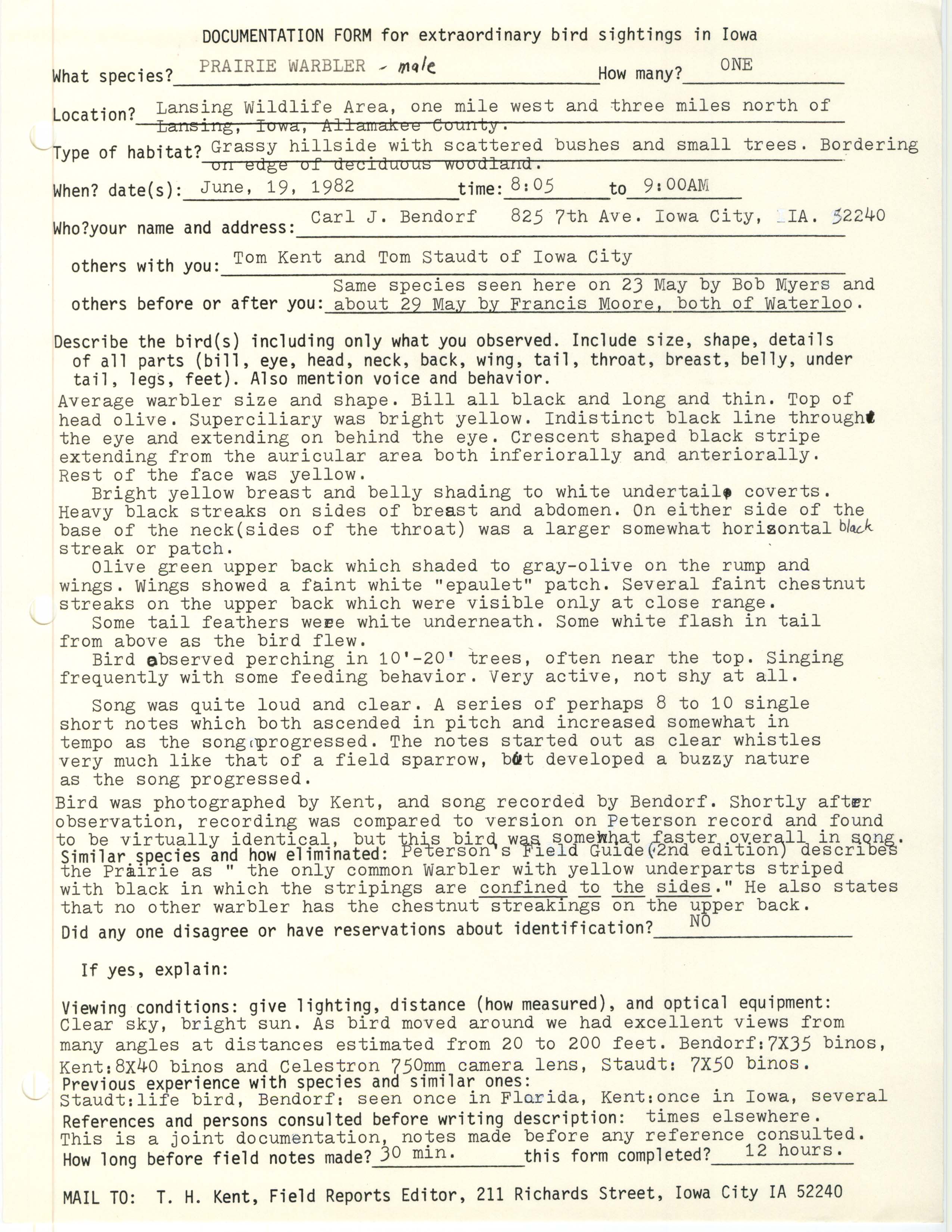 Rare bird documentation form for Prairie Warbler at Lansing Wildlife Area, 1982