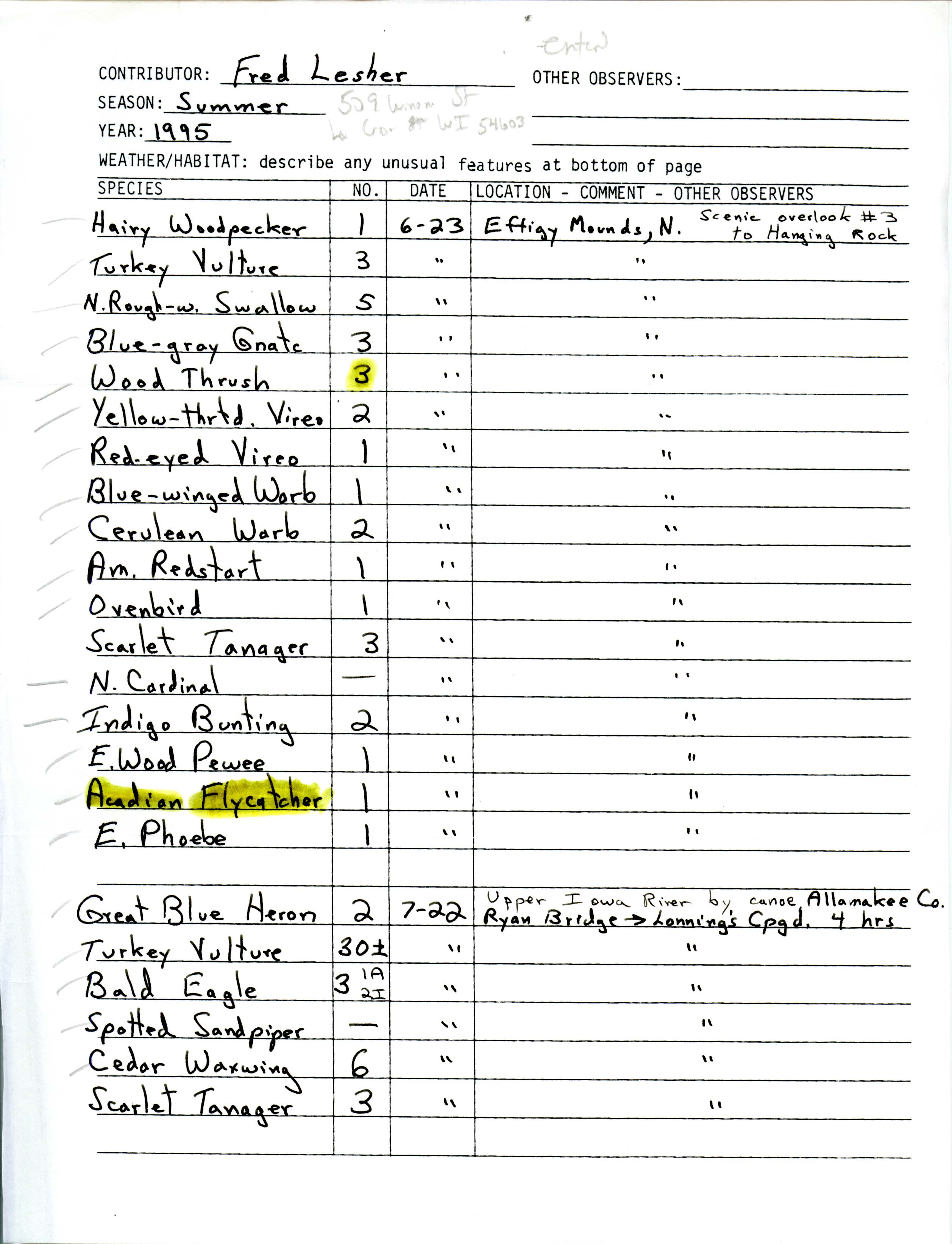 Field reports form for submitting seasonal observations of Iowa birds, summer 1995, Fred Lesher