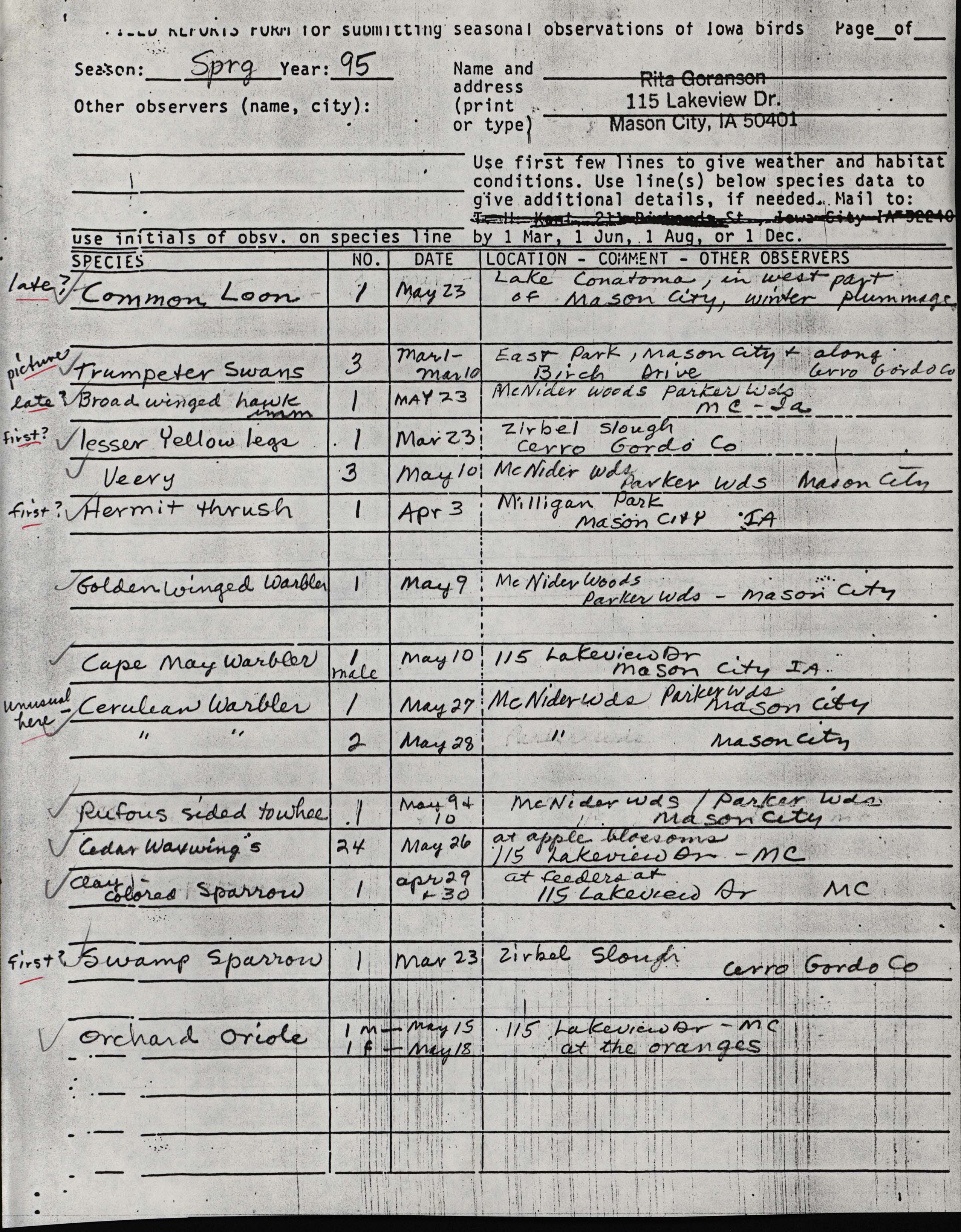 Field reports form for submitting seasonal observations of Iowa birds, spring 1995, Rita Goranson
